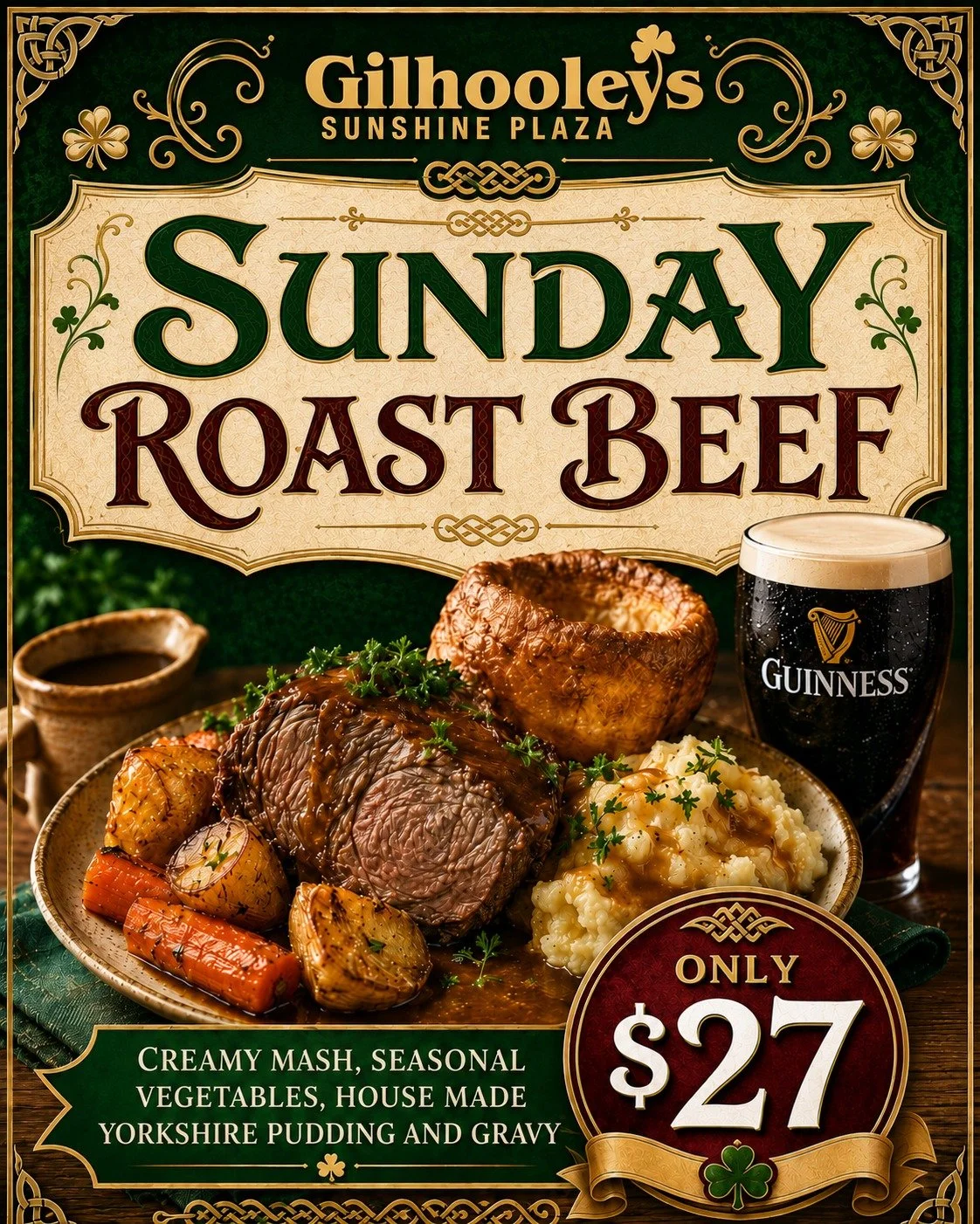 The Sunday roast you actually look forward to.

Proper roast beef, done the right way and a cold Guinness to wash it down. There's live trad from 2pm to keep the afternoon going. Gilhooleys Sunshine Plaza, Maroochydore.