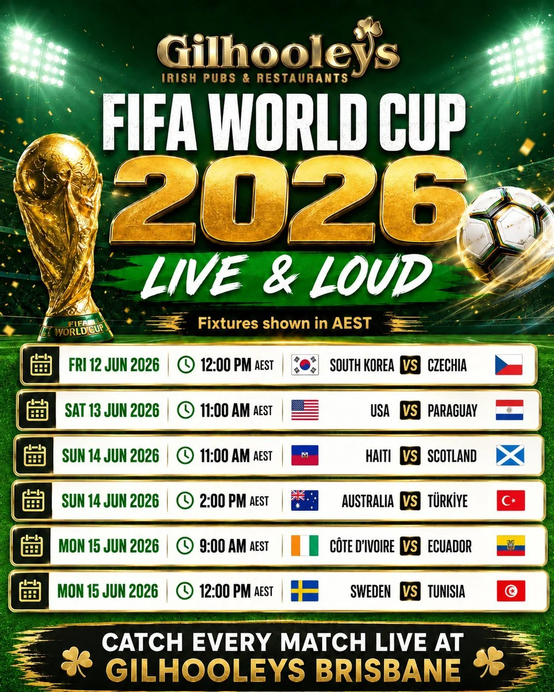 The World Cup is coming and Gilhooleys Brisbane is the place to watch every moment of it.

38 games live and loud on the big screen, cold pints flowing, and the best atmosphere in the CBD for the biggest football tournament on the planet. Swipe throu