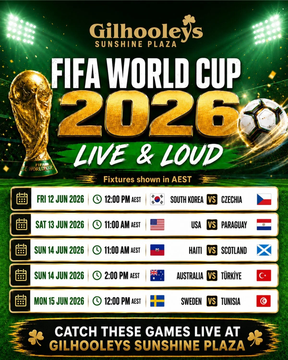 FIFA World Cup 2026 is live and loud at Gilhooleys Sunshine Plaza and there is no better place on the Sunshine Coast to catch every game. Check the fixtures, grab your mates, and get your table locked in.