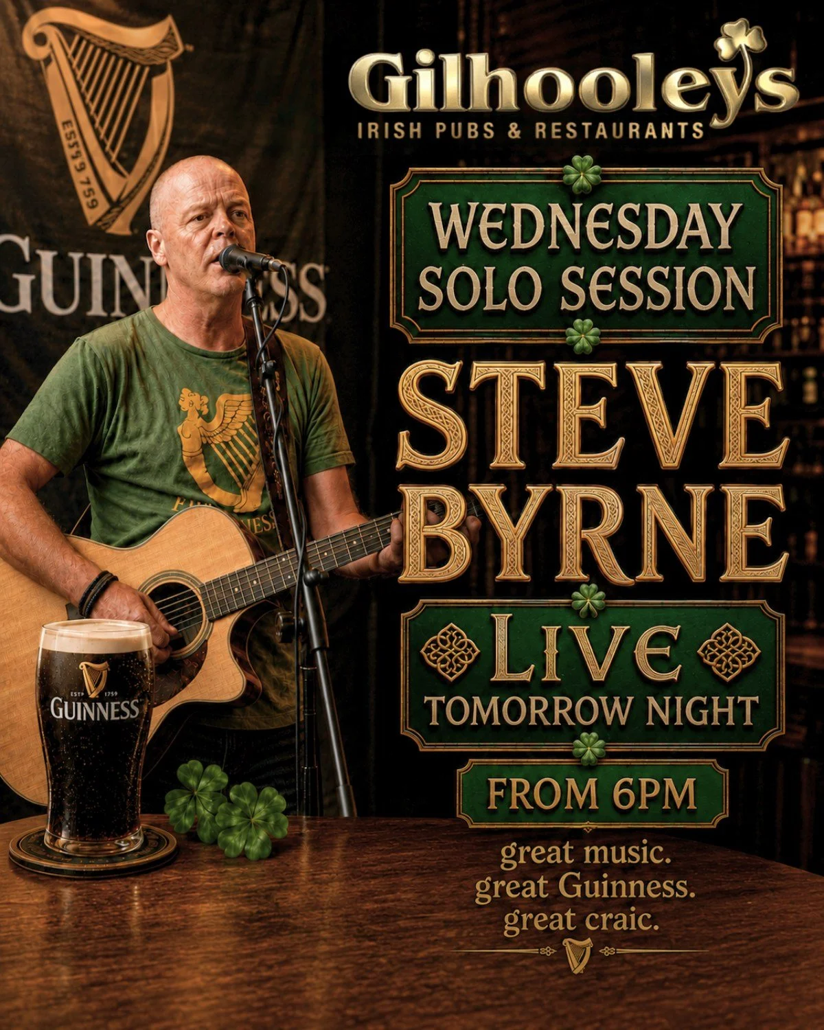 Halfway to the weekend and Steve Byrne is live tomorrow night from 6pm at Gilhooleys Brisbane to help you get there in style.

A brilliant solo session, a creamy Guinness in hand, and a Wednesday night well worth showing up for. Great music, great cr