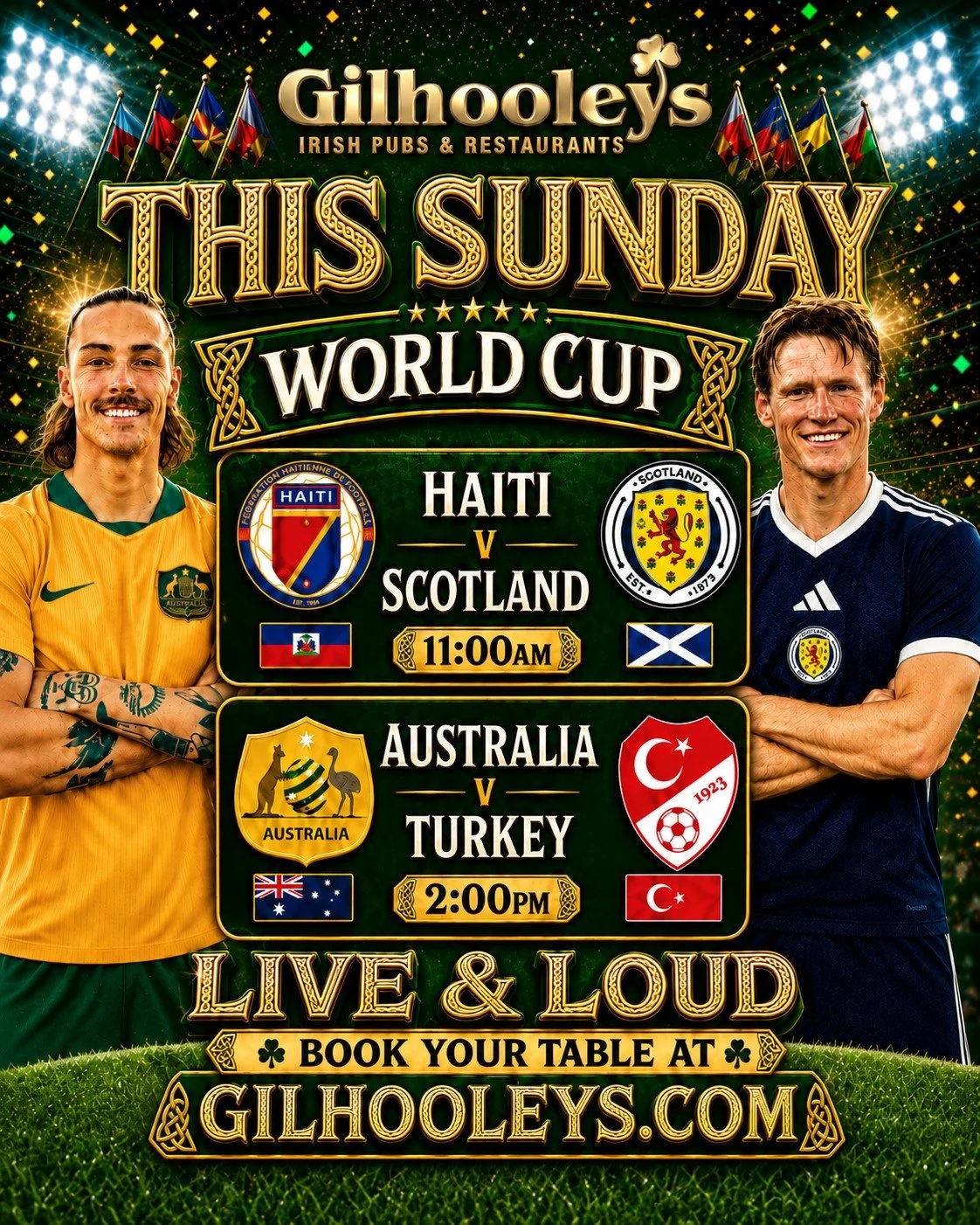 This Sunday at Gilhooleys Brisbane is a big one. Australia kick off their World Cup campaign and our Celtic brothers Scotland are also in action, both live and loud on the big screens.

Get your table booked now and come watch all the action with a c