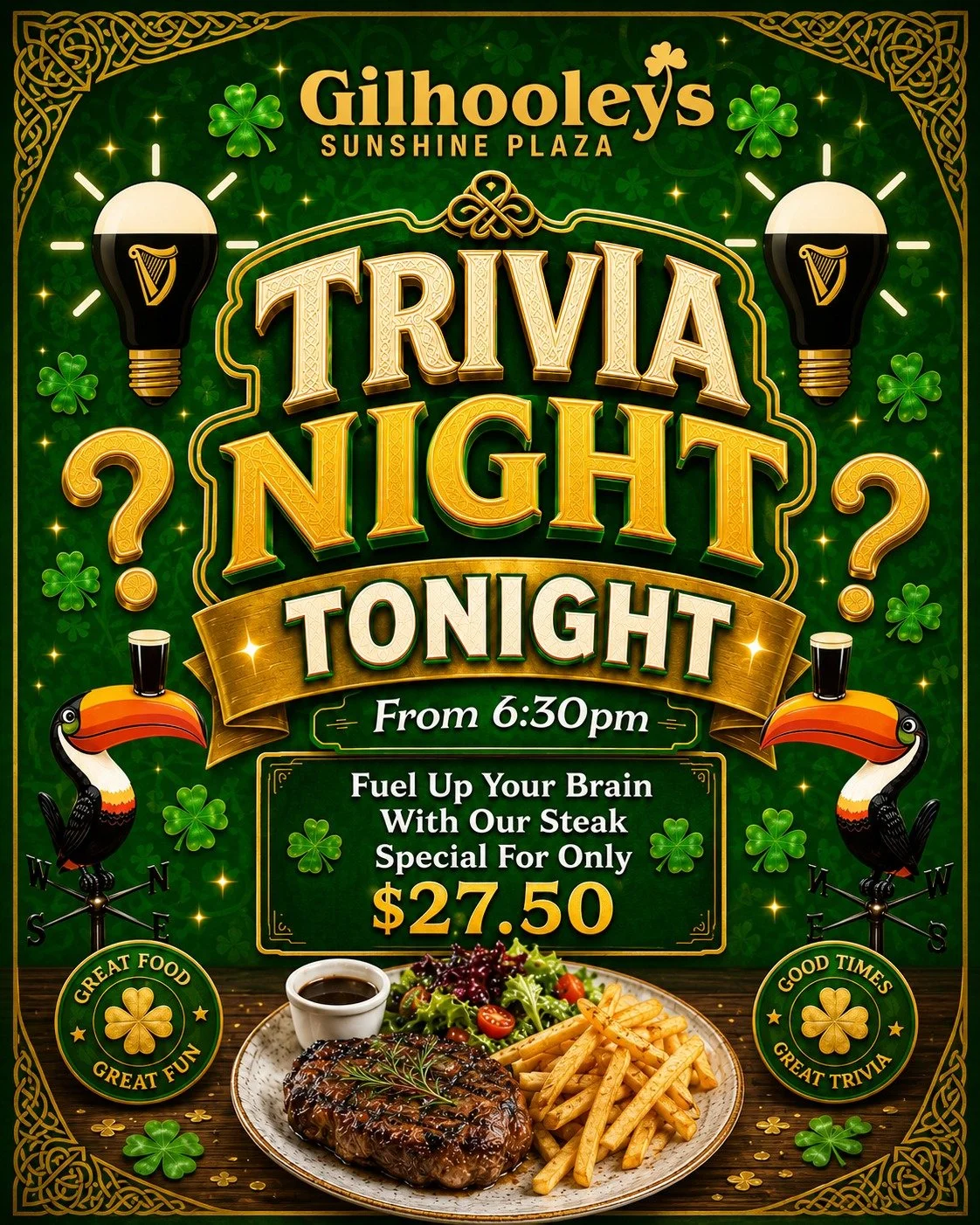 Tonight is Trivia Night and your steak is waiting.
Free to play, prizes up for grabs, and a $27.50 steak special to keep those brain cells firing from 6:30pm. Come in and prove your table is the sharpest in Maroochydore.