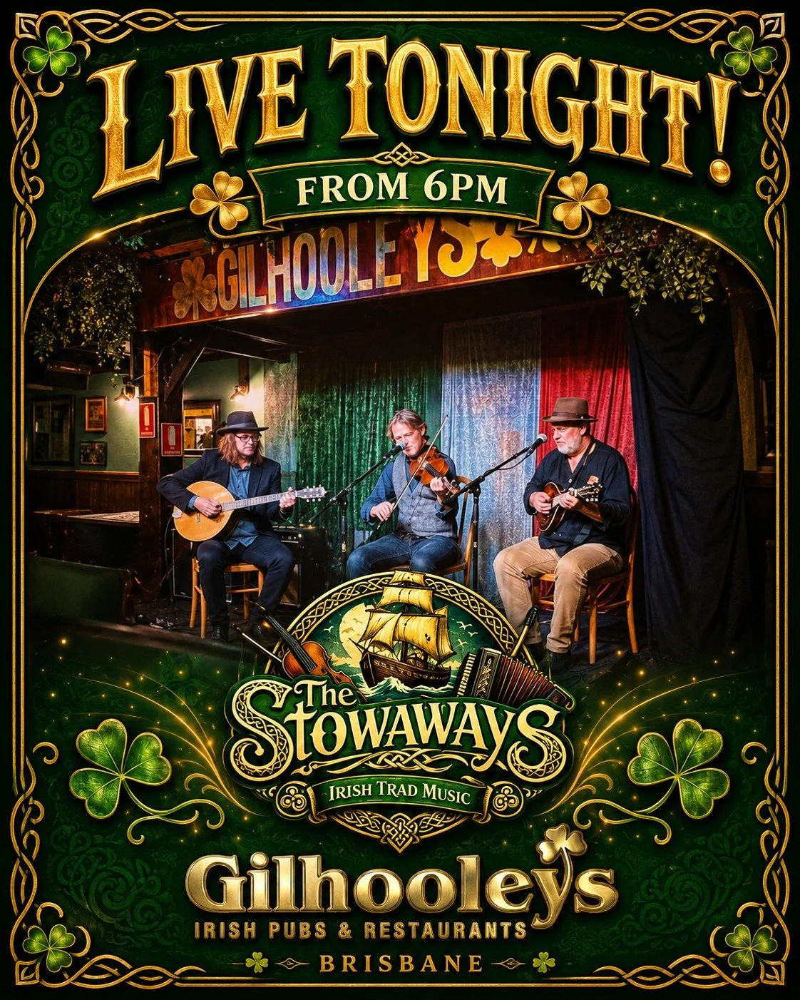 The Stowaways are live tonight from 6pm at Gilhooleys Brisbane and they always deliver a brilliant Irish trad session.

Come straight from work, grab a creamy pint, and let the music carry you into the weekend. Thursday nights don't get much better t