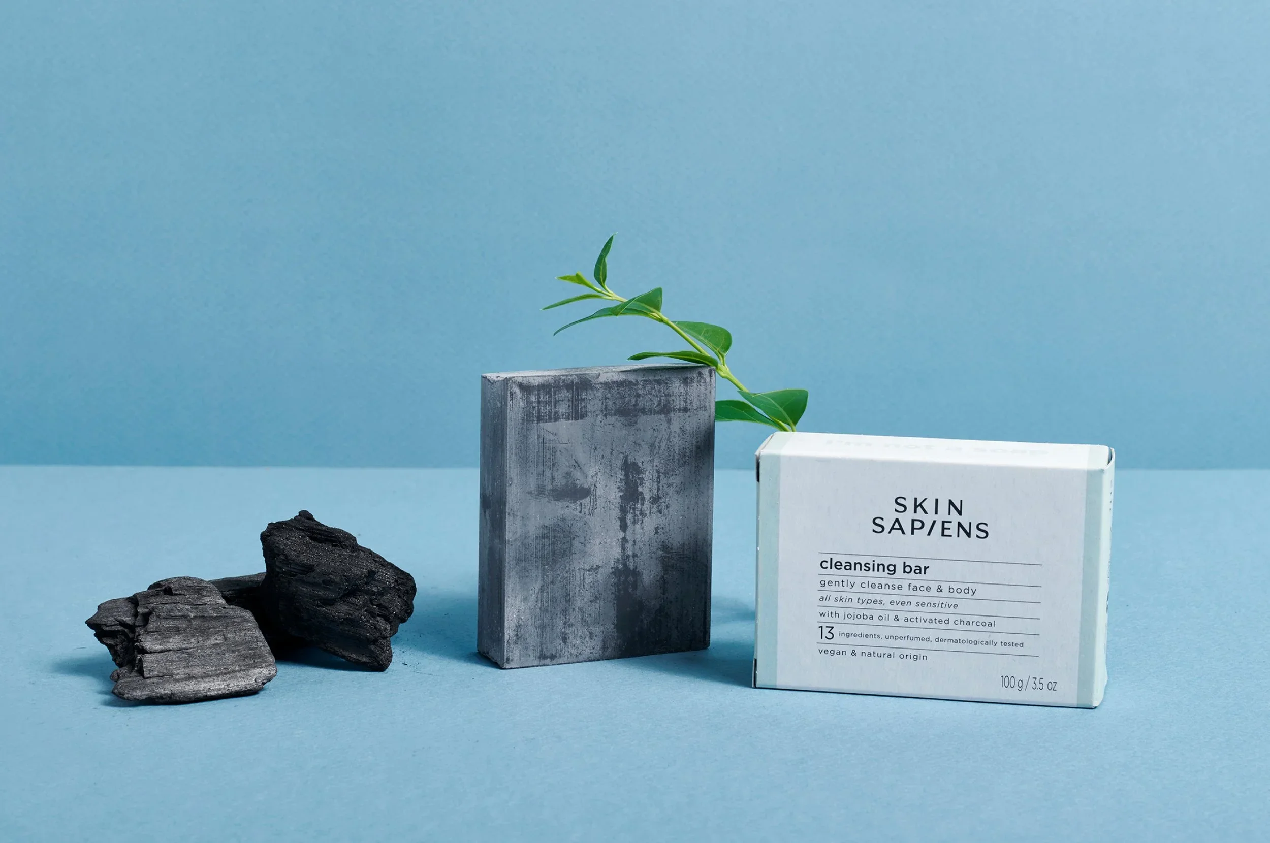 A skincare product box labeled 'Skin Sapiens cleansing bar' with black charcoal rocks and a green leafy plant on a blue background.