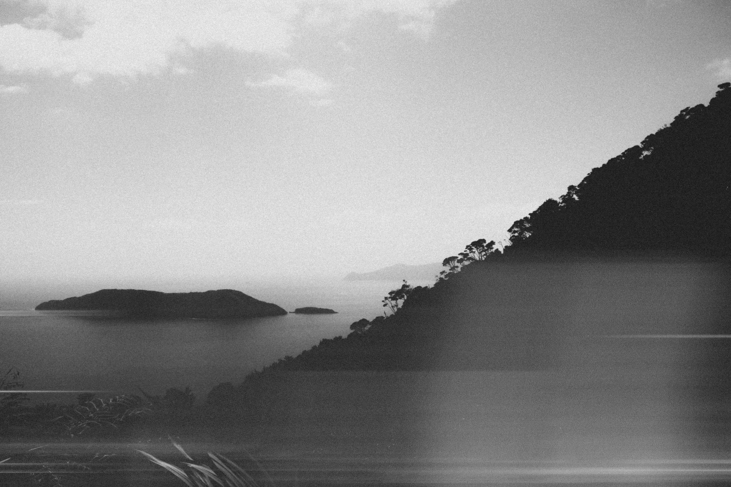 Black and white landscape of a coastline with islands, hills covered in trees, and a calm body of water under cloudy sky.