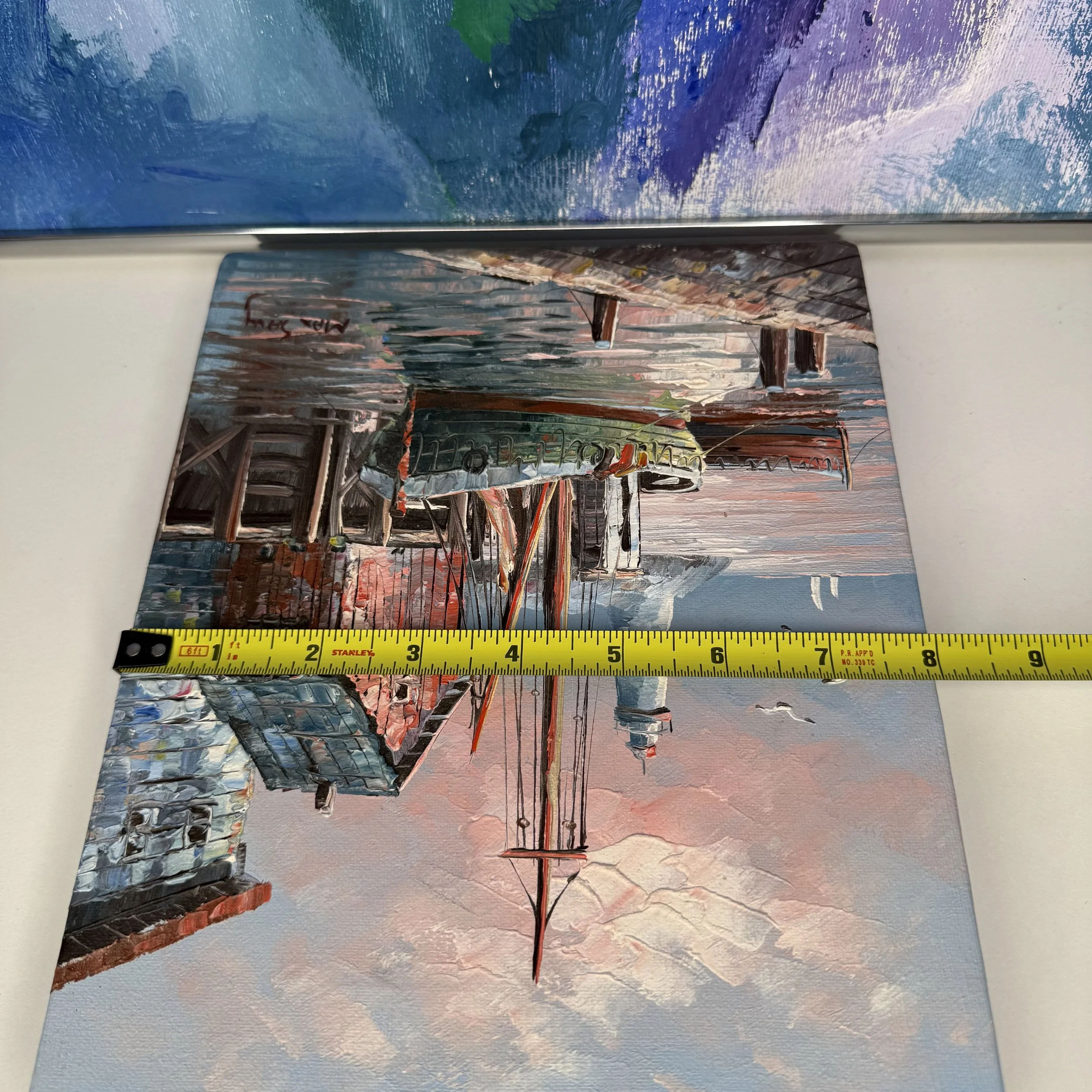 Impressionist Oil Painting Ship in Harbor Artist Signed Small Original Wall Art