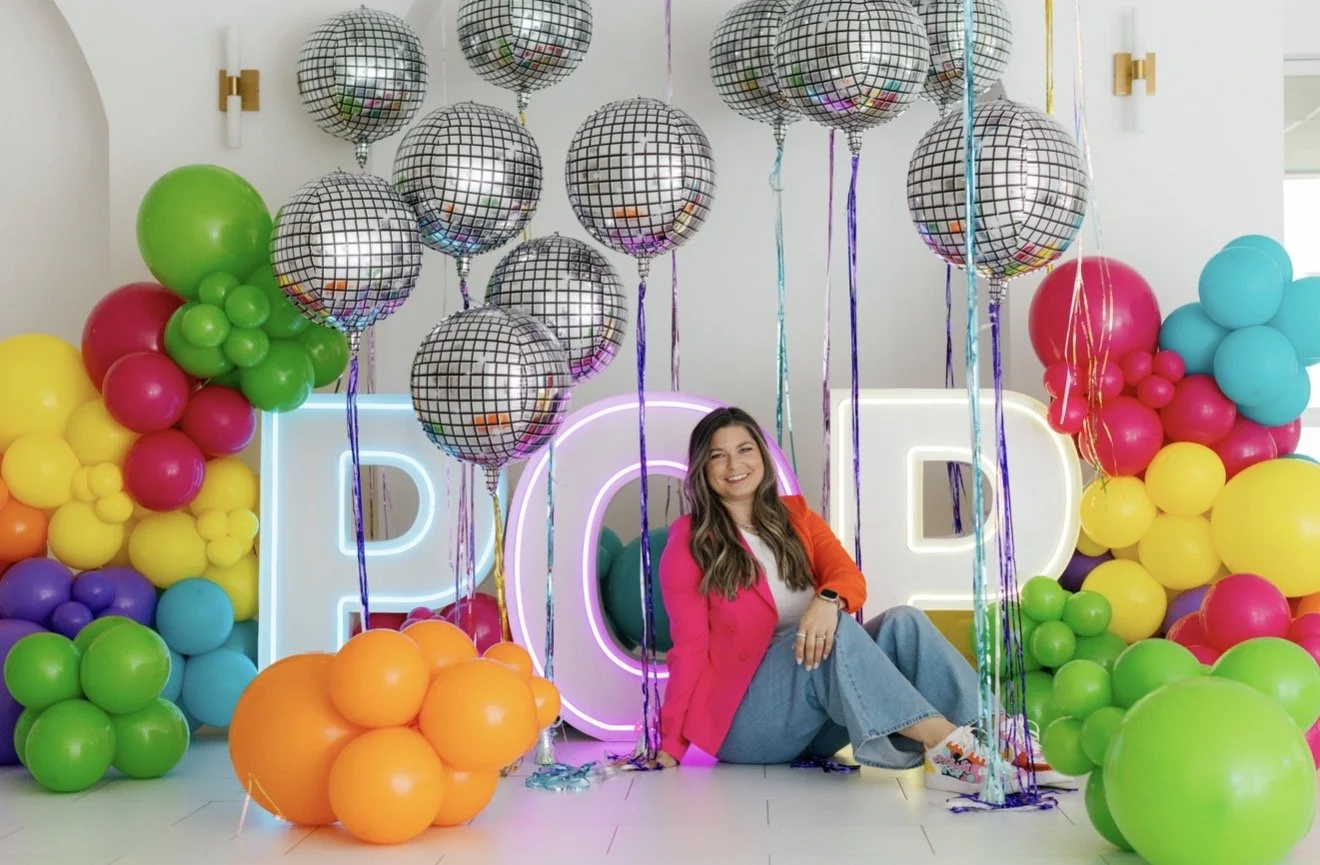 LED marquees POP with fun balloon colors, helium disco balloons, pink/orange blazer