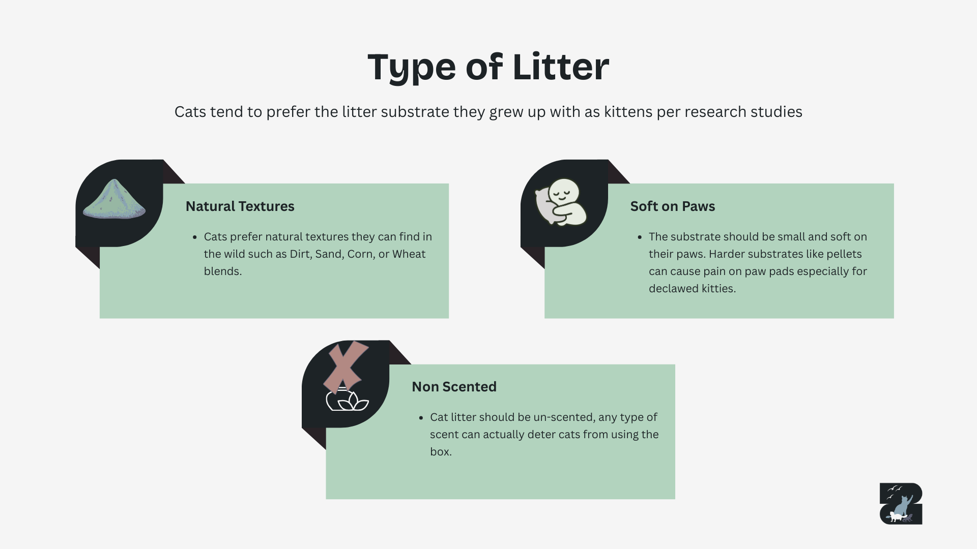 Cats prefer soft natural textures like sand, dirt, corn and wheat