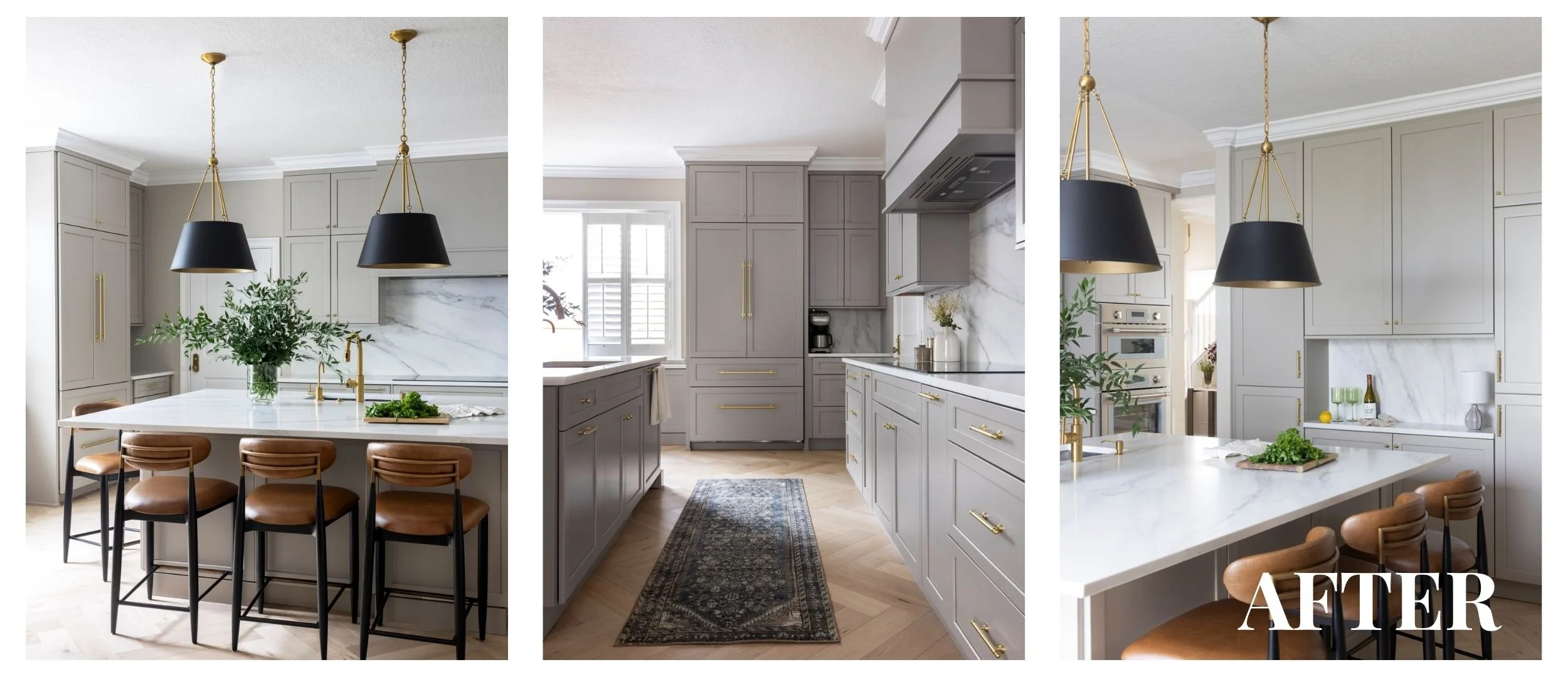 Renovated Palma Ceia kitchen featuring warm taupe cabinetry, paneled appliances, a large island, and herringbone wood flooring.