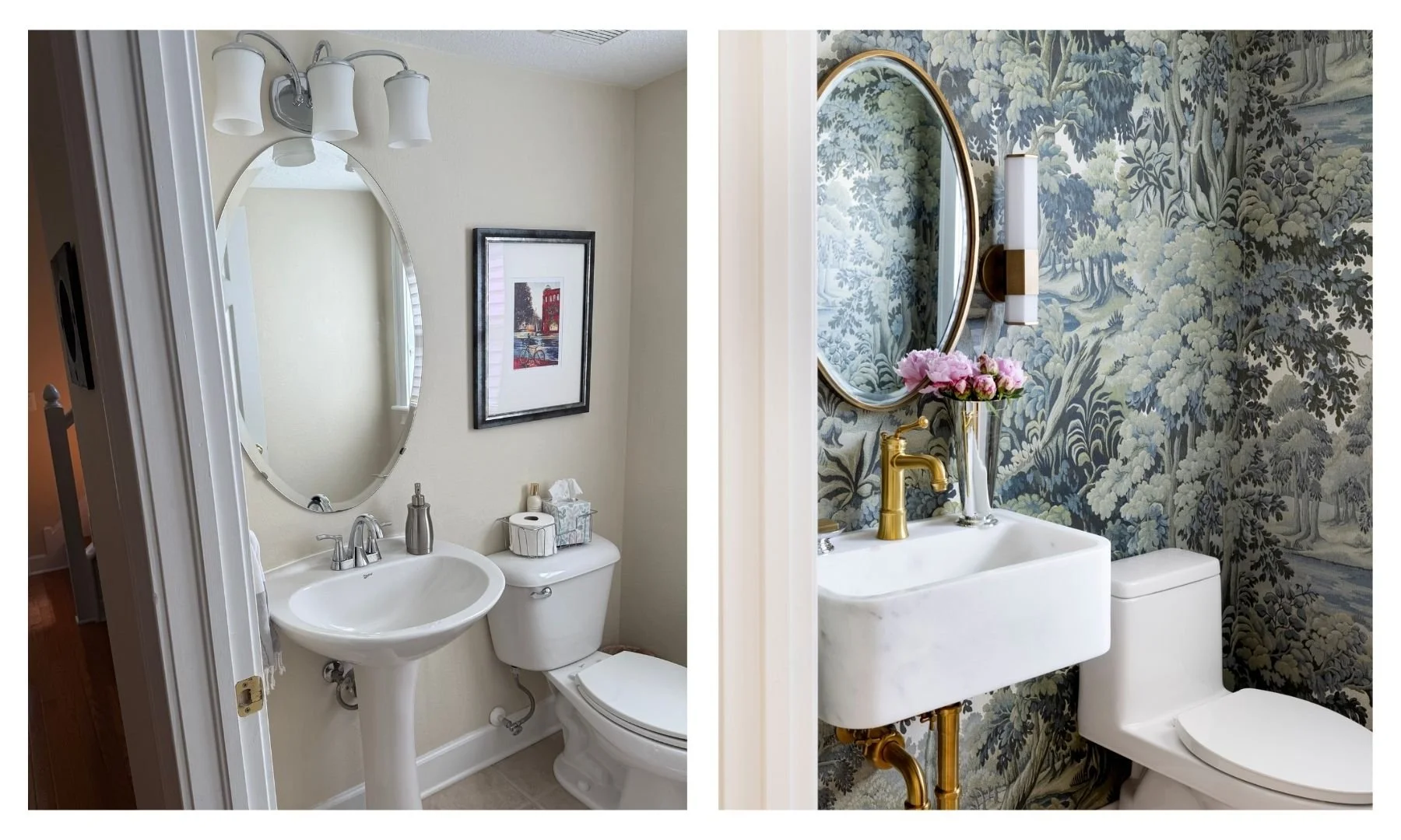 Dramatic powder room renovation in South Tampa featuring landscape wallpaper and marble wall-mounted sink.