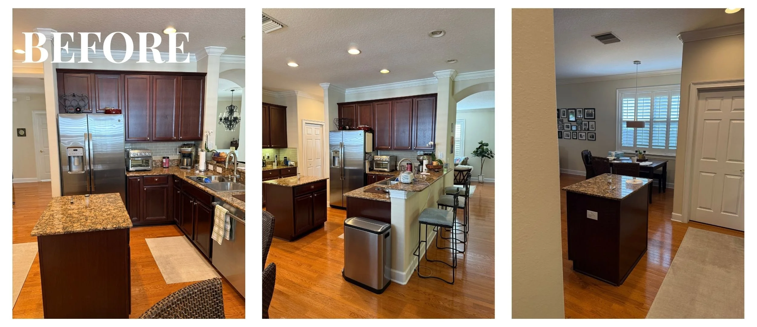 Kitchen before renovation in a Palma Ceia home featuring dark wood cabinetry, granite countertops, and a closed-off layout.
