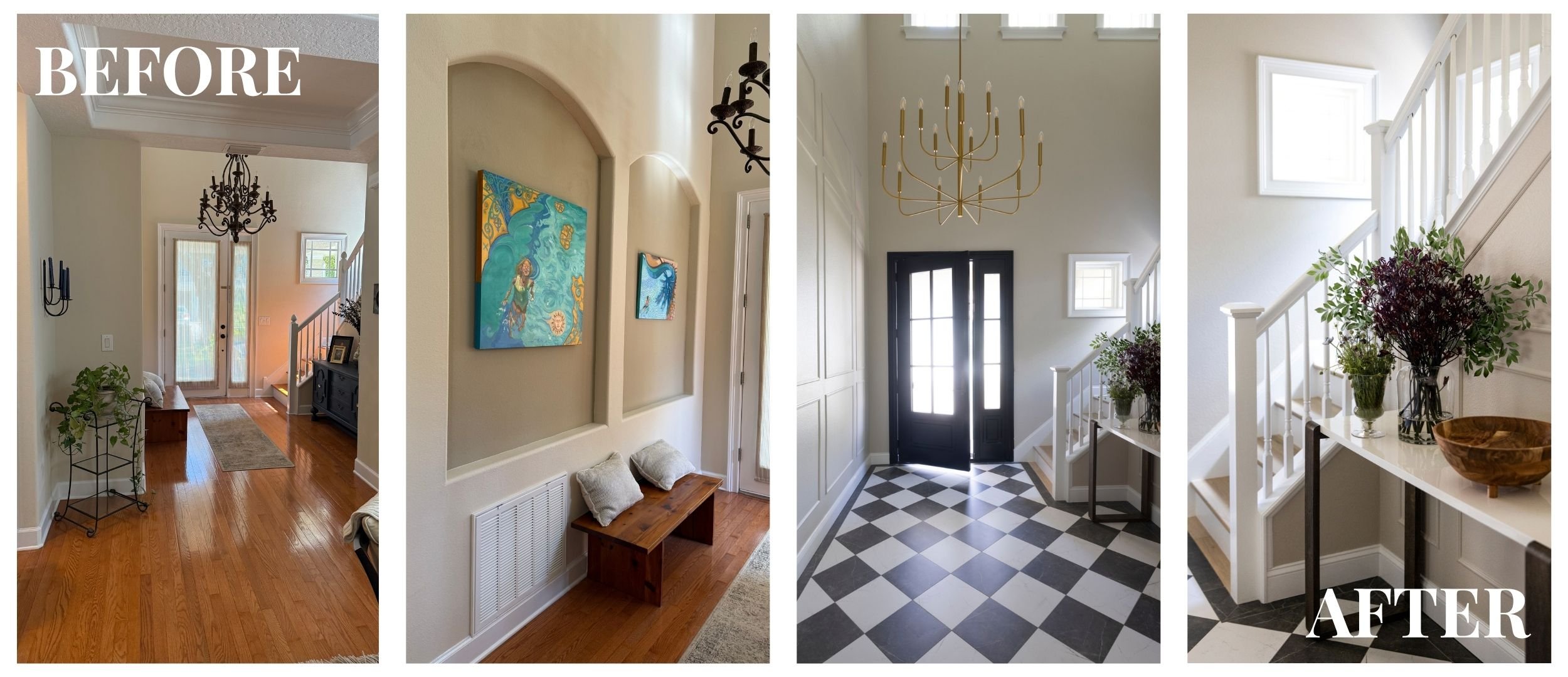 Before and after foyer renovation in a Palma Ceia home featuring enclosed arches, updated lighting, panel molding, refinished staircase, and new oak flooring.
