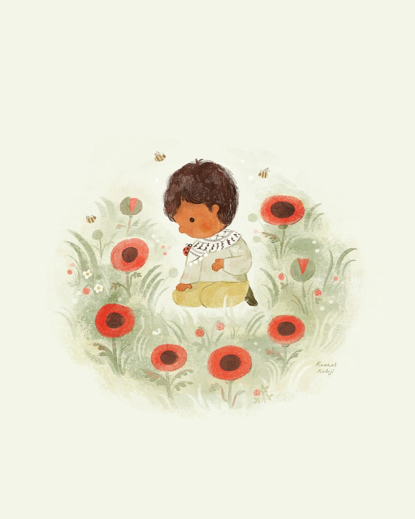A combination of prompts helped with the making of this illustration (poppy, ring, strawberry + bees), my first digital piece after a long pause.

May it serve to remind us of childhood curiosity, safety, and innocence - the very right to a childhood