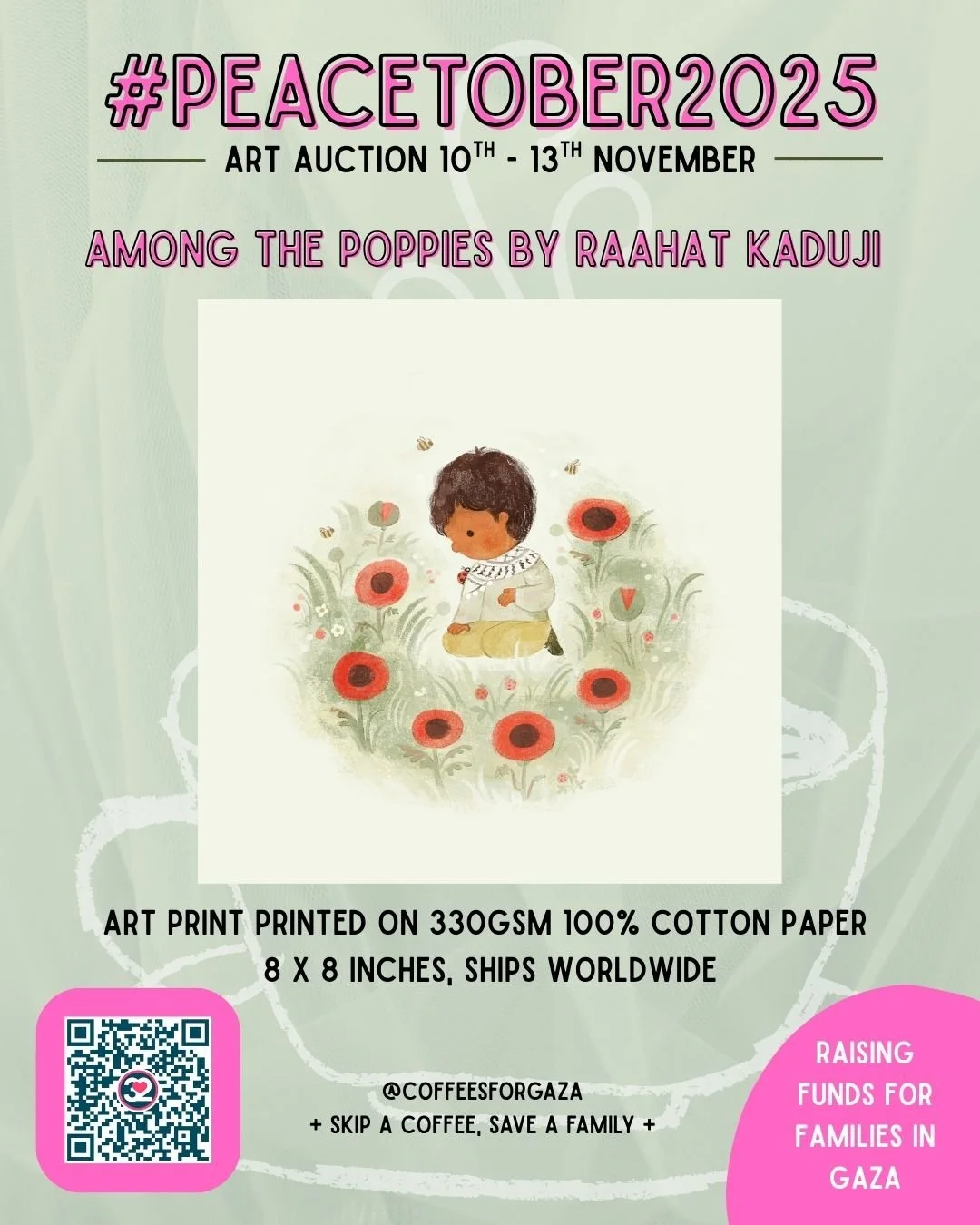 The #peacetober fundraising auction is live! We're raising funds for families in Gaza through @coffeesforgaza. You can bid on a signed print of my original Among the Poppies illustration, and I'll ship directly to the winner. Bidding ends Thursday 13