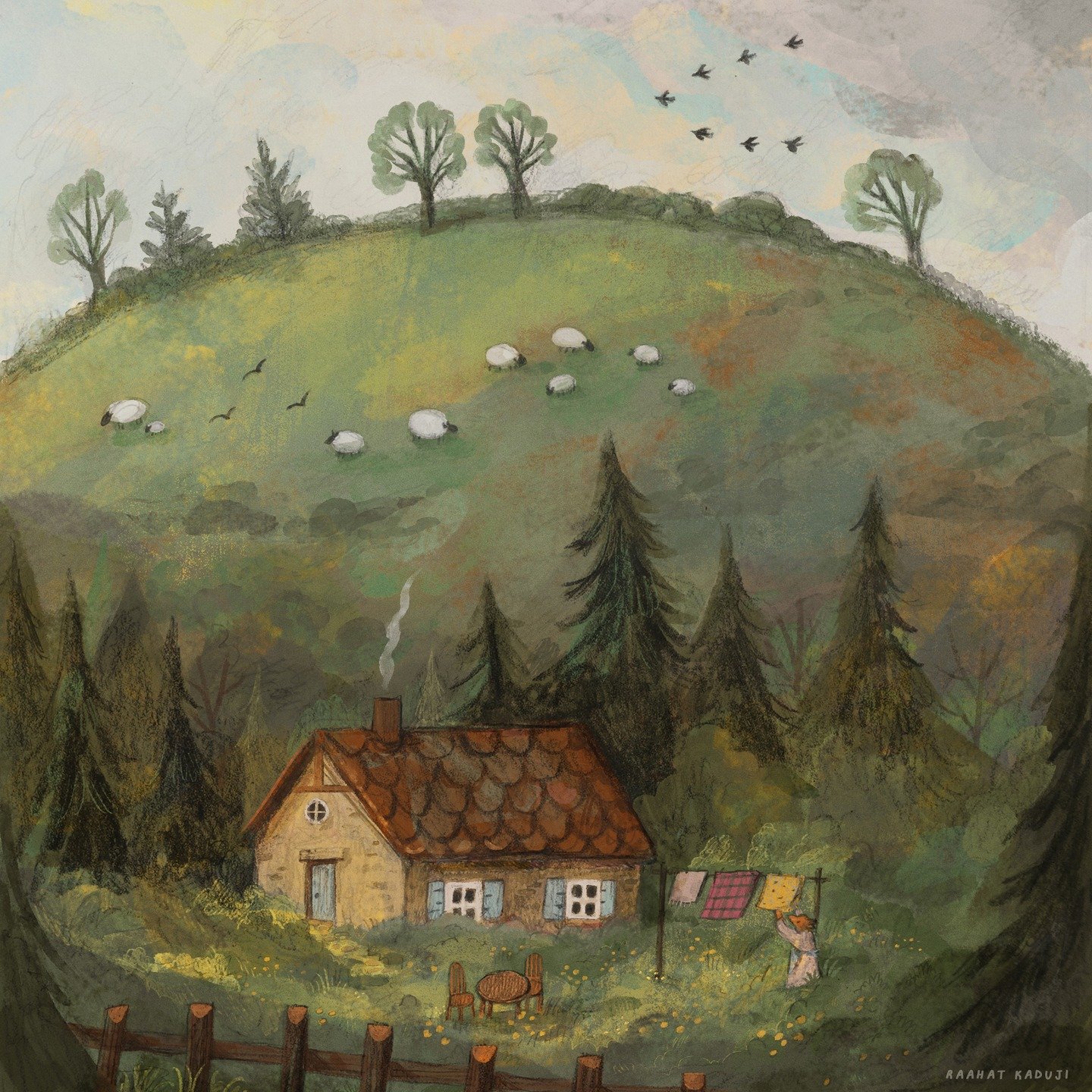 Rain clouds are rolling in. Better fetch the washing; it looks as though a storm is brewing ☁️ 

This illustration was inspired by two #folktaleweek prompts. It's also included in my 2026 Calendar, which will be available to pre-order tomorrow. It's 