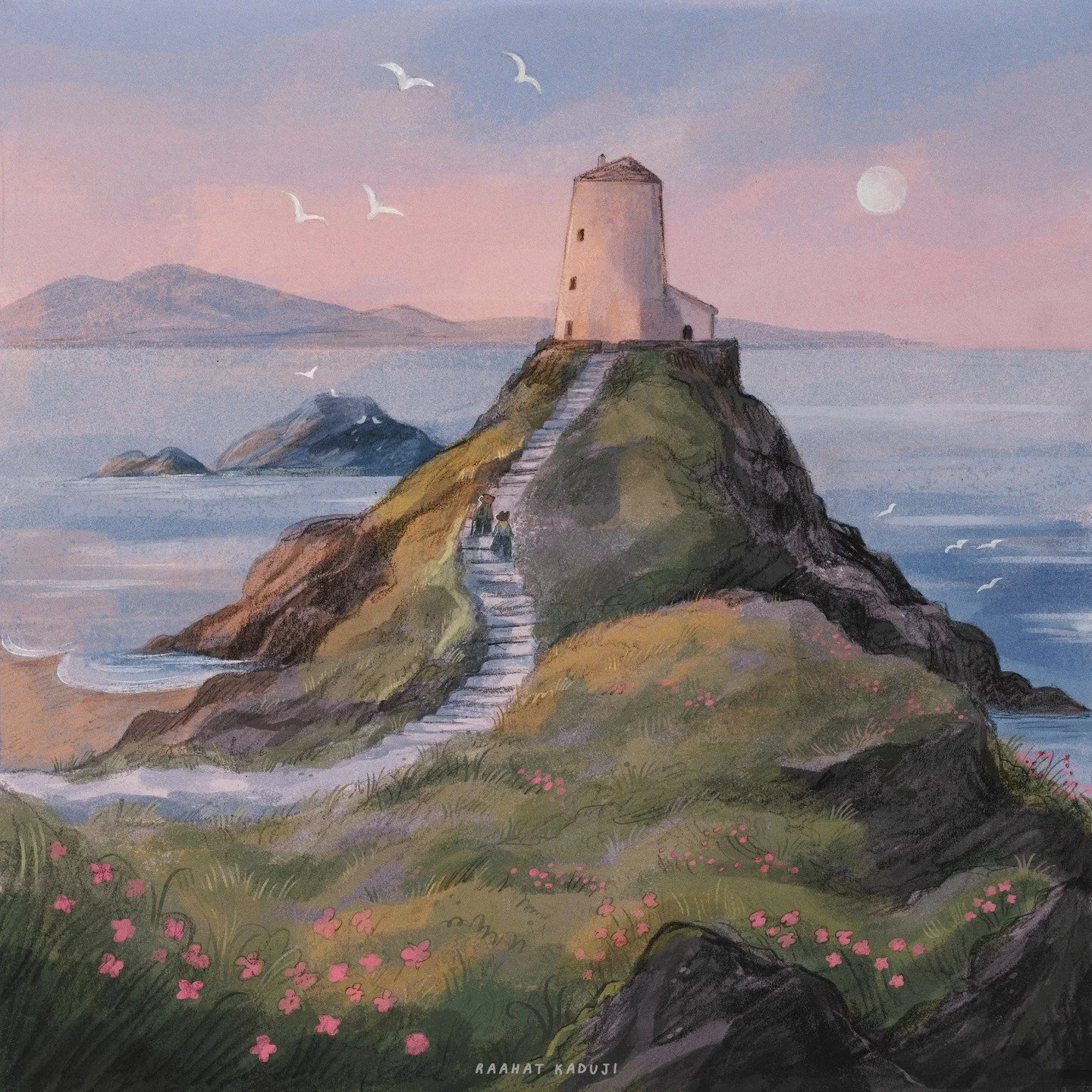 Dawn at the lighthouse 🌊
 
One last illustration for #folktaleweek, also featured in my 2026 calendar. I knew a lighthouse had to be part of the collection, so I took inspiration from one of my favourites, Twr Mawr (meaning "great tower" i