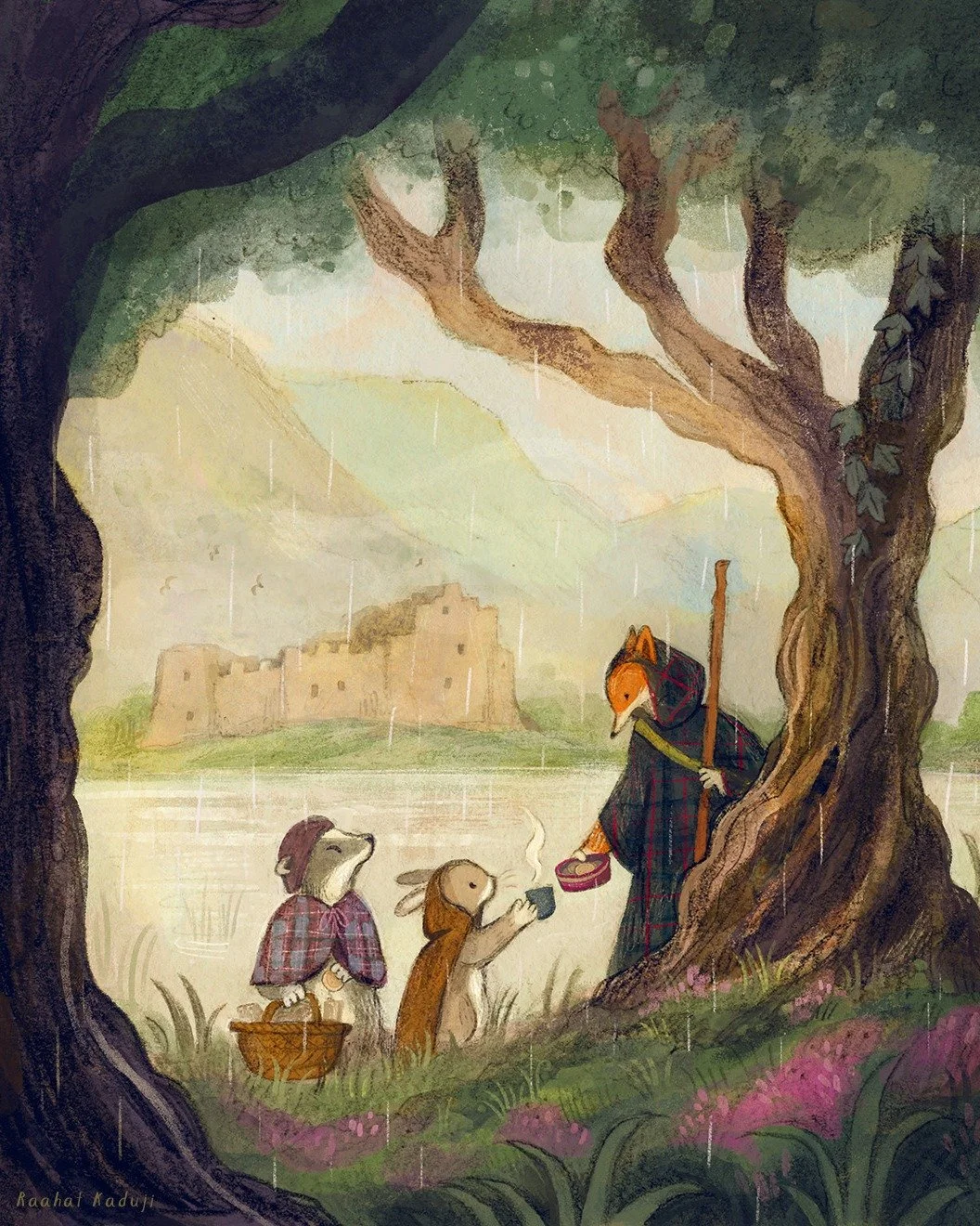 Day 3 - under cover

By midday, Fox reached the loch, where she was greeted by a pair of locals. They traded tea for shortbread and together they sheltered under the cover of trees 🌧️

Swipe to see some sketches that I finally remembered to include.