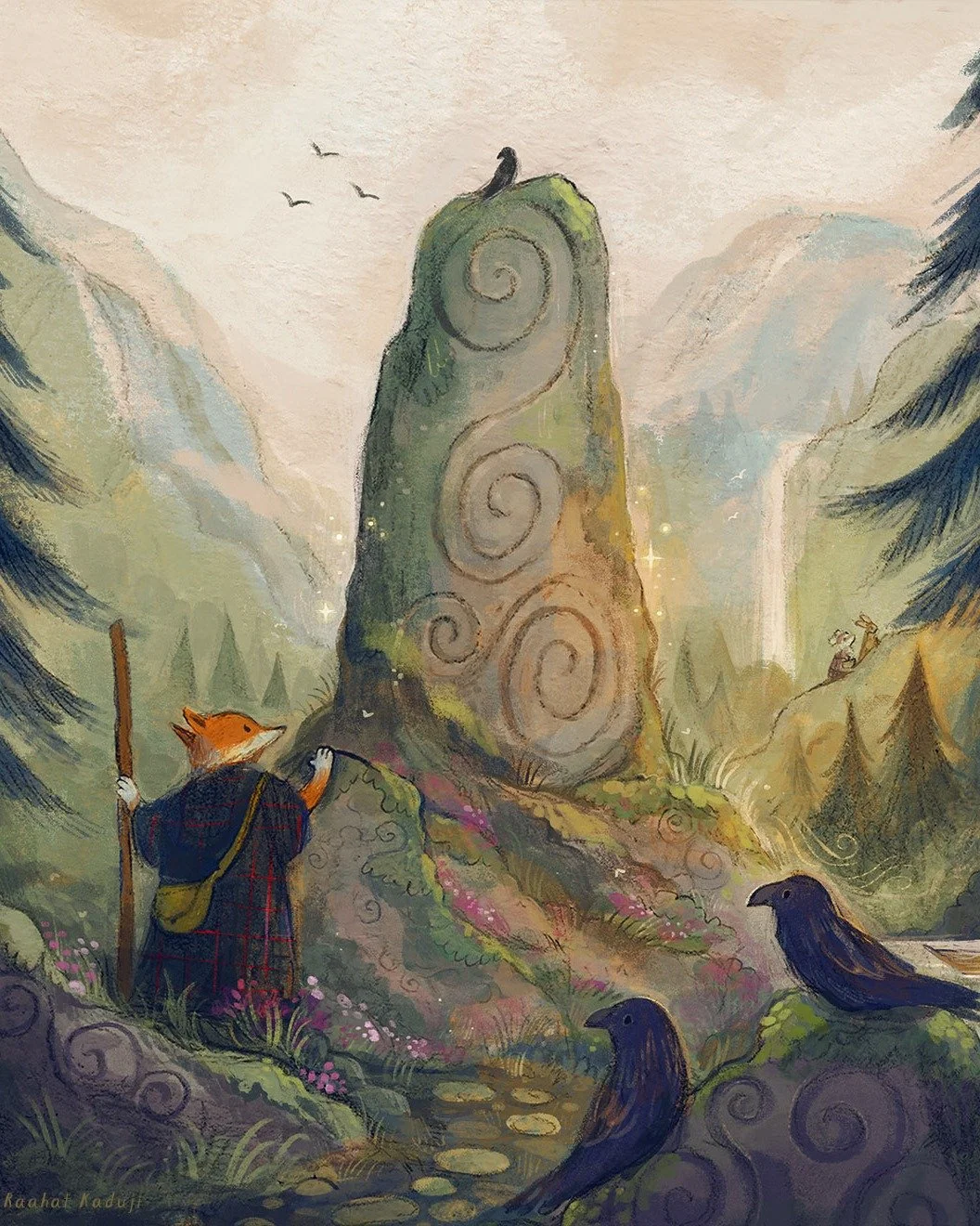 Day 5 - Standing guard

The Ferrycat moored her boat, Fox said thank you and farewell, and then continued on her journey. On the way, she found a peculiar arrangement of stones, standing guard like ever-watchful stewards of the mountains. Fox could o
