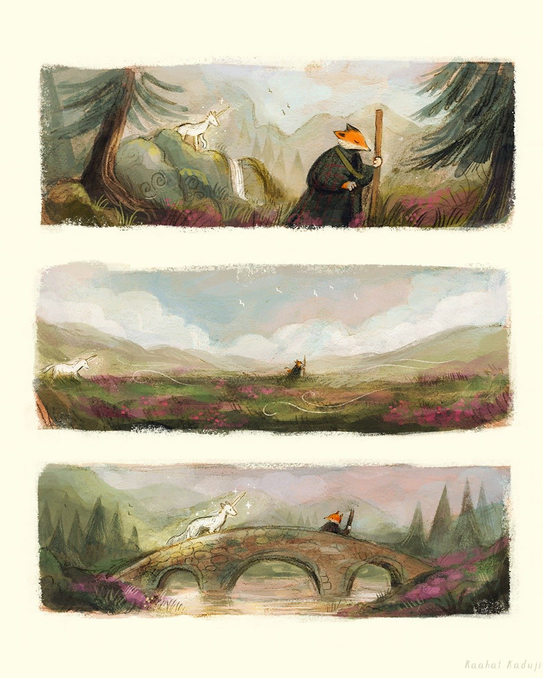 Day 7 - Homeward

Begrudgingly, Fox decided to head homeward, unaware that a curious creature was trailing close behind. She only noticed when the clip-clop of hooves echoed on the old stone bridge. And there it was at long last, the unicorn! ✨

I wa