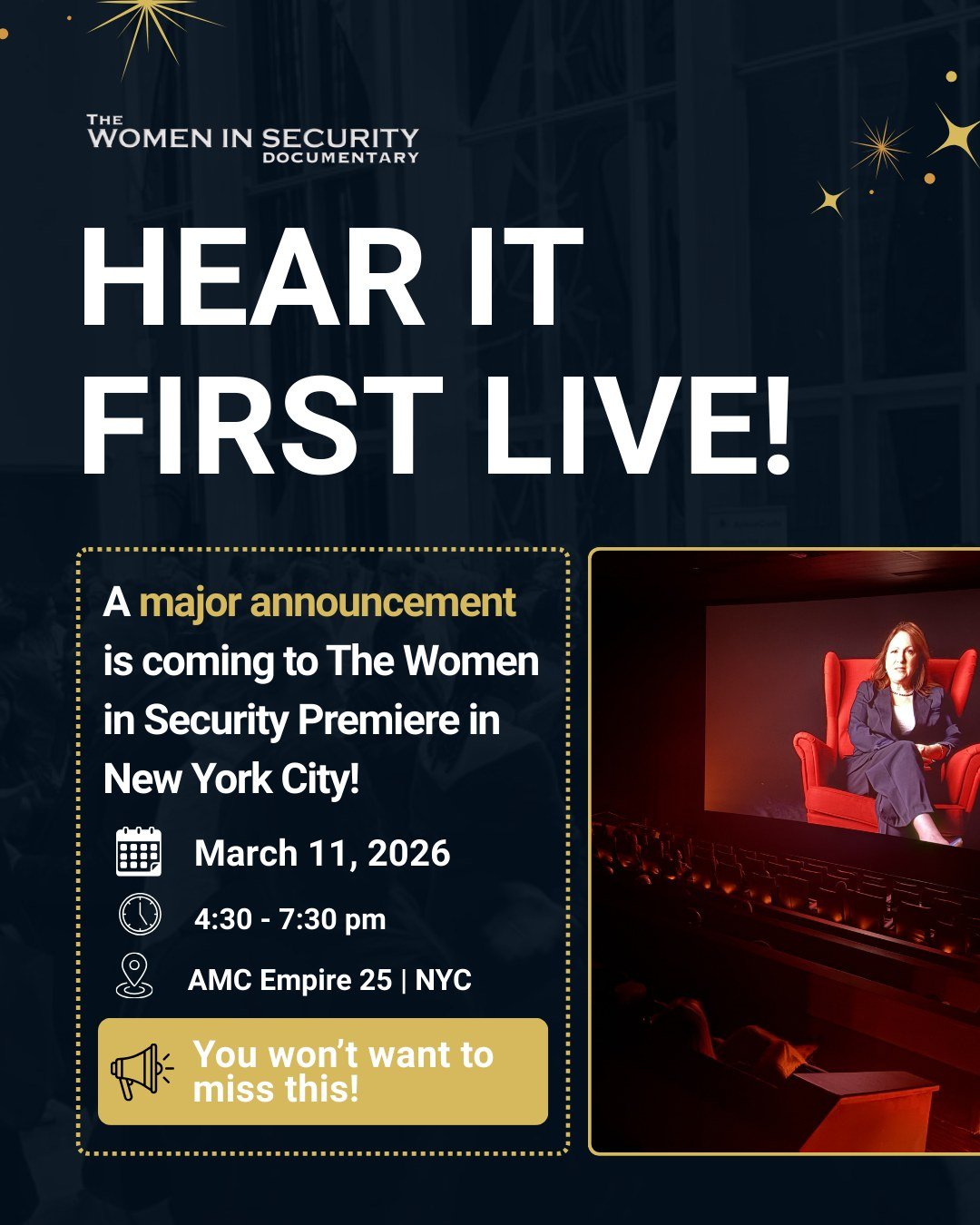 New York City, this is a milestone moment. 🗽

On March 11, 2026, The Women in Security Documentary comes to New York for a premiere that marks an important milestone in our global journey.

This evening is more than a screening. It represents moment