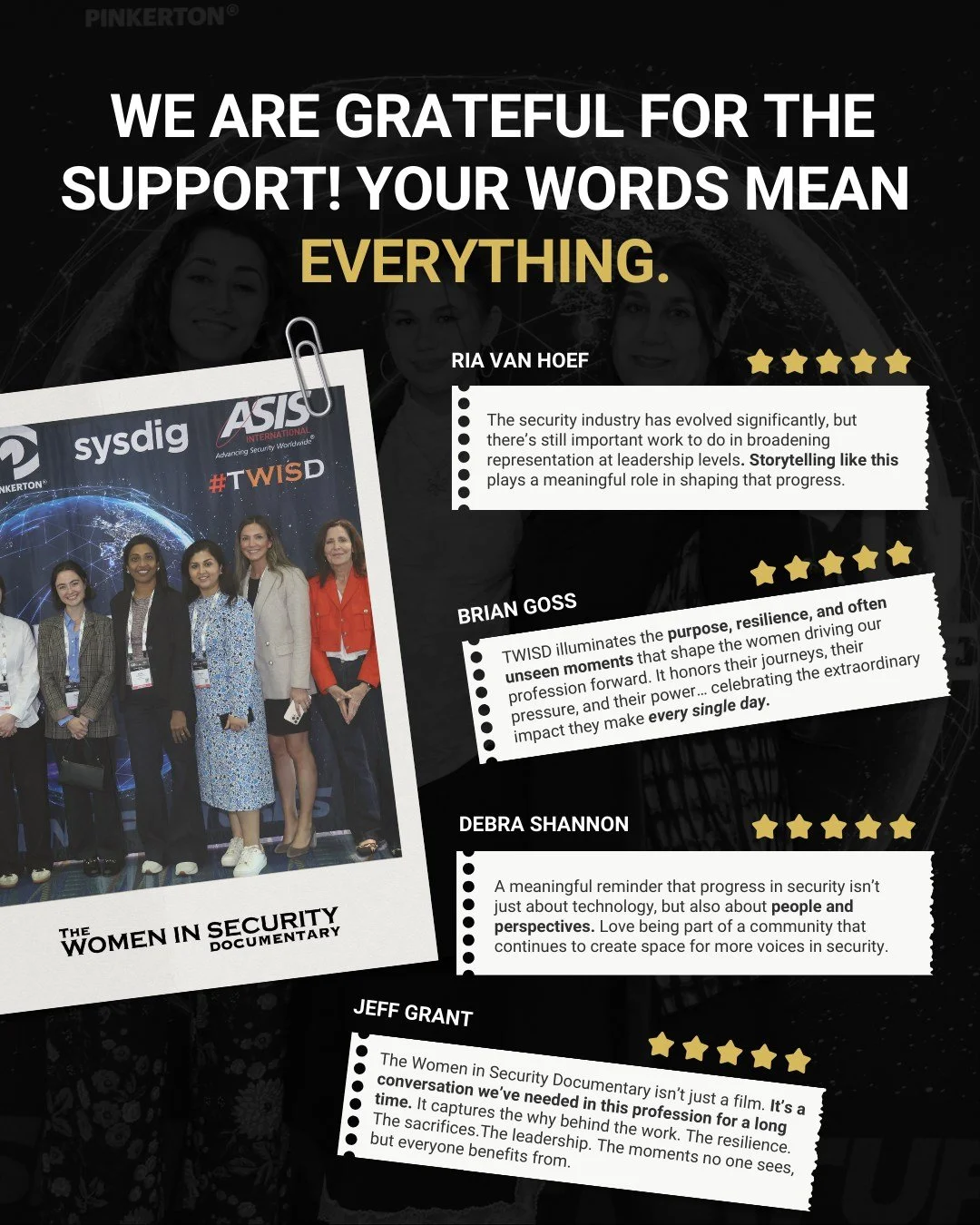 Thank you for the incredible support. 🖤

We&rsquo;ve been so grateful to read the thoughtful posts, reflections, and reviews being shared about The Women in Security Documentary!

Seeing these conversations continue across the security profession re