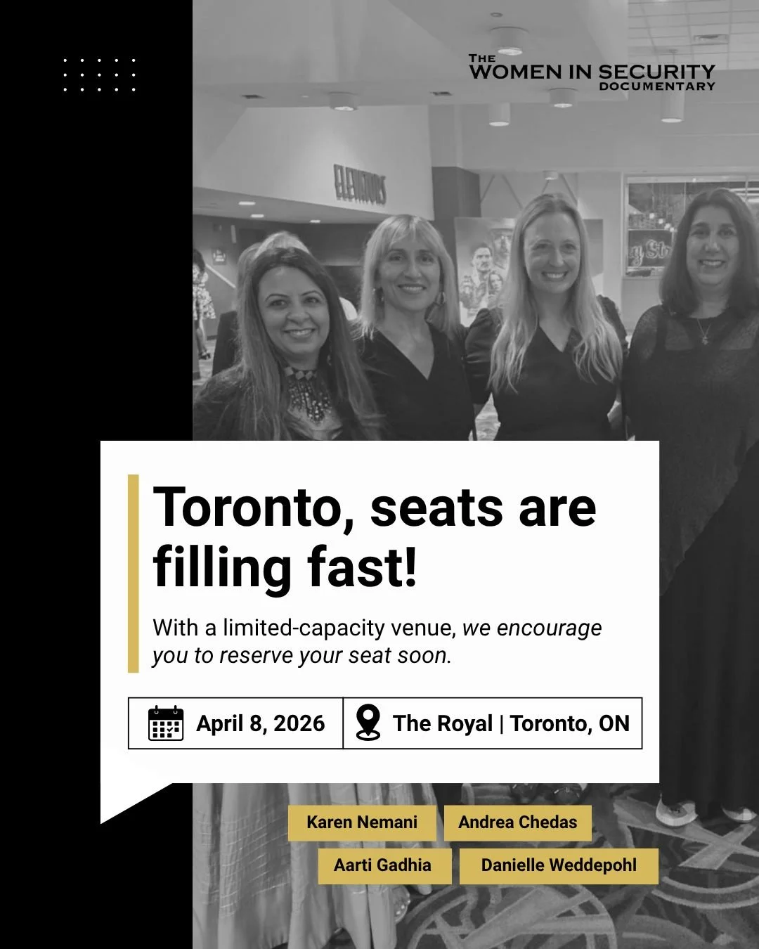 Toronto, seats are filling quickly. 🇨🇦🎬

Join us on April 8 for The Women in Security Documentary screening and be part of a powerful conversation shaping the future of the security profession.

With a limited-capacity venue, we encourage you to r