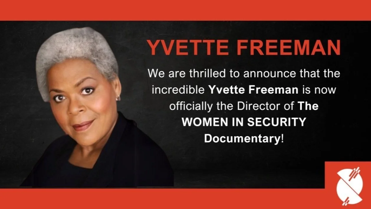 Announcement image featuring Yvette Freeman, a woman with gray hair, promoting her role as director of the 'Women in Security' documentary.