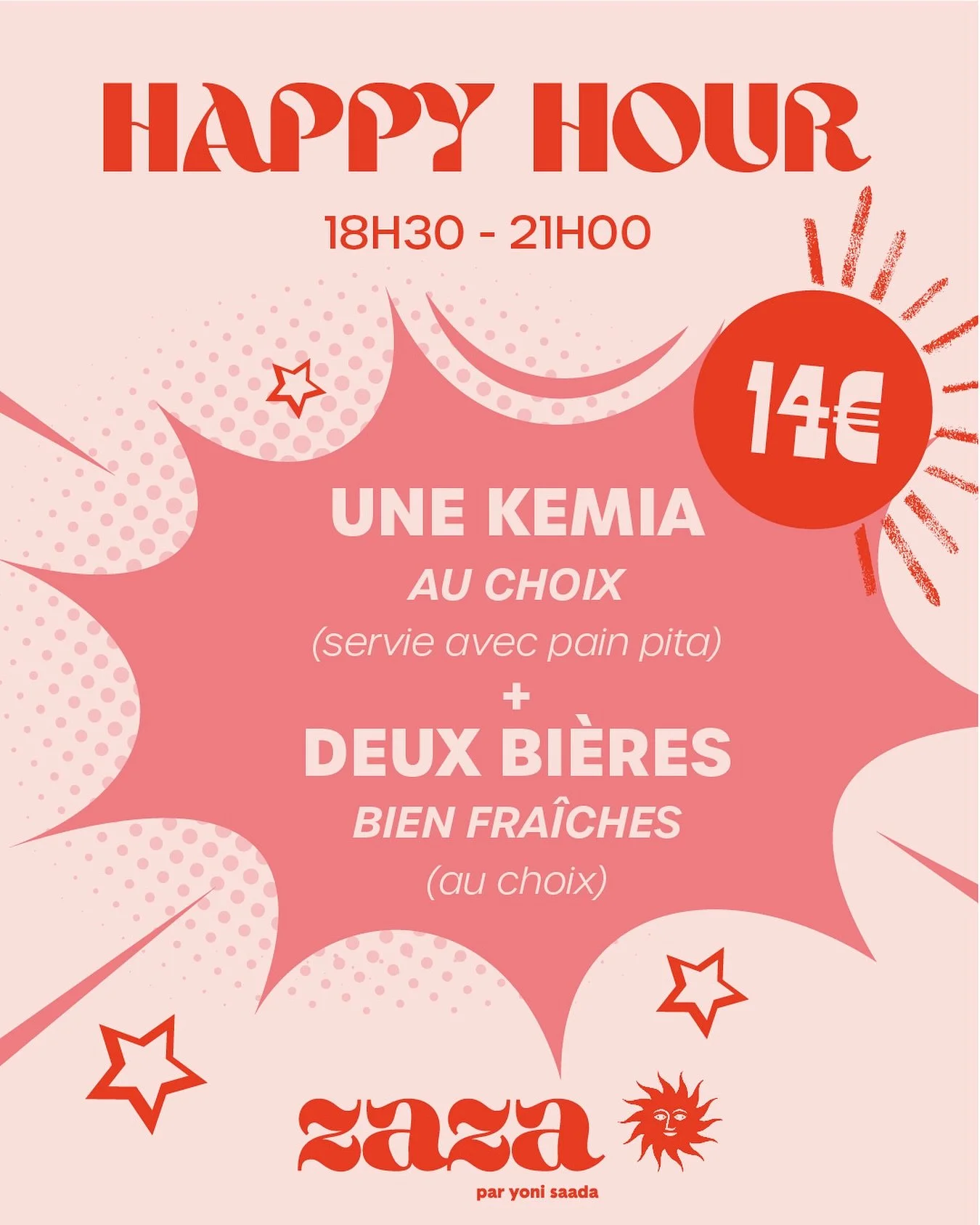 On lance enfin le Happy Hour chez Zaza ☀️
 Une kemia au choix + deux bi&egrave;res bien fra&icirc;ches pour 14&euro;

Rendez-vous de 18h30 &agrave; 21h00 pour venir manger, trinquer et kiffer avec nous ❤️

#zazachoiseul
#happyhour
#foodaddicted
#kemi