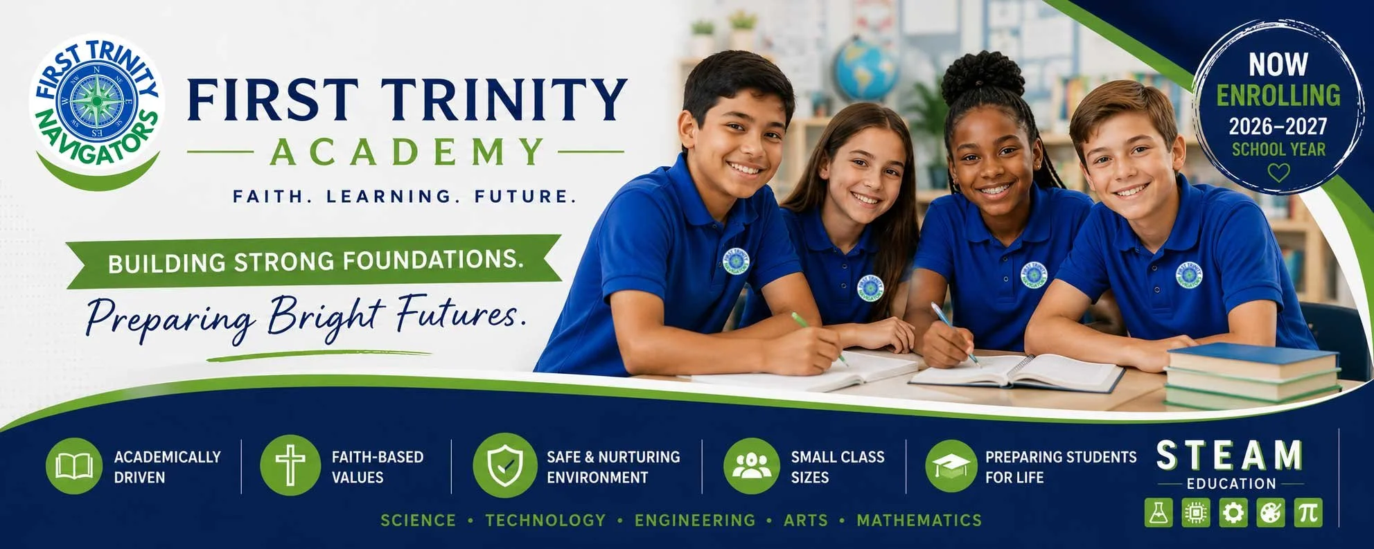 Now enrolling banner with smiling students at a desk