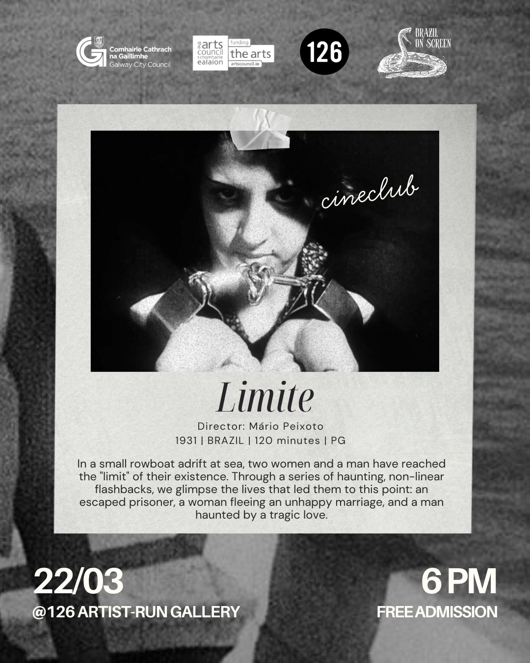 Brazil on Screen curated the debut screening for the 126 Artist-Run Gallery cinema club, featuring the 1931 avant-garde landmark Limite by Mário Peixoto.  Once a "lost" masterpiece of the Brazilian avant-garde, this fever-dream silent film was resurr