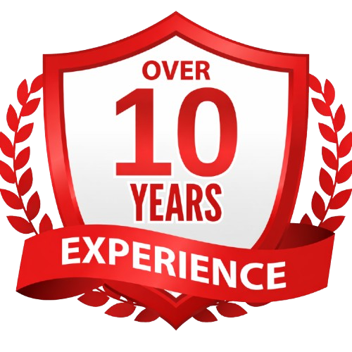 A red and white shield-shaped badge with the text 'Over 10 Years Experience'