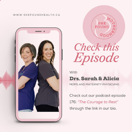 Promotional graphic for a podcast episode featuring Drs. Sarah and Alicia, moms and maternity physicians, with a pink theme, a photo of the two women in scrubs, and a pink circle with the podcast logo.