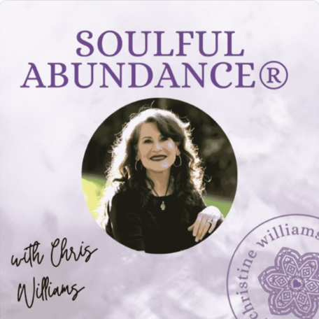 Book cover titled "Soulful Abundance" by Christine Williams with a photo of a woman in a black top and curly hair, set against a purple and white cloudy background.