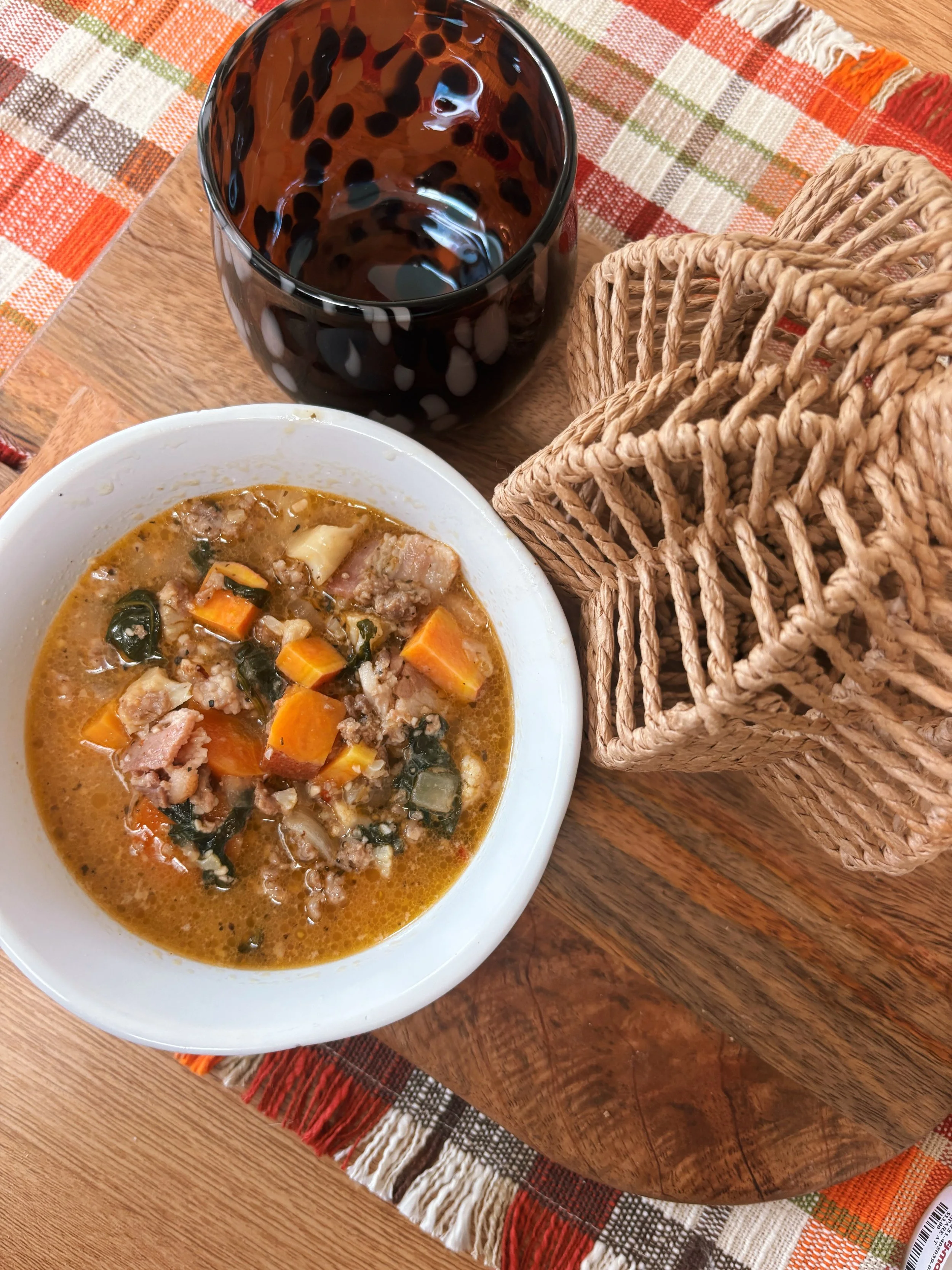 Sausage, Sweet Potato + Kale Bone Broth Soup