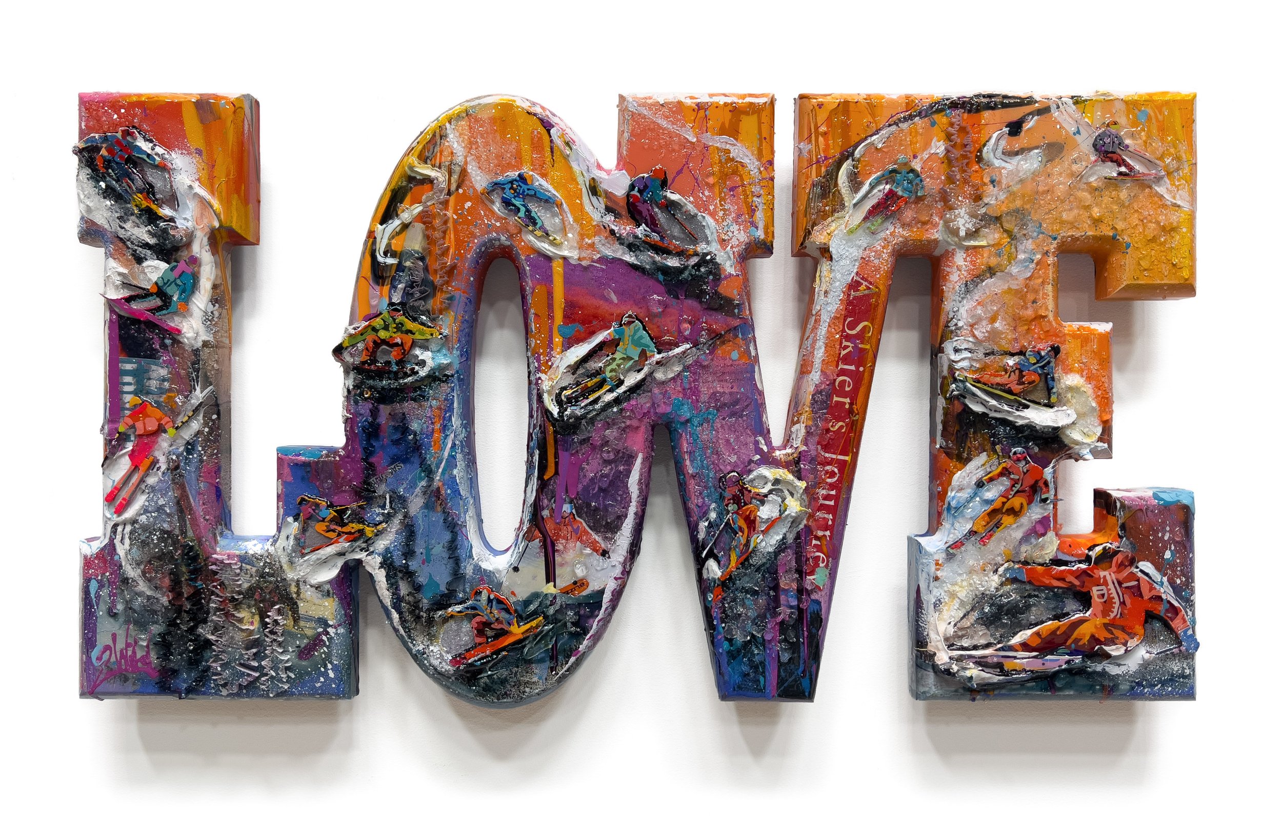 'Sunset Rush' - Laser-cut plexiglass, shattered glass, textural clay, media collage, acrylic and resin on machine-carved wood - 14 x 25.25 in