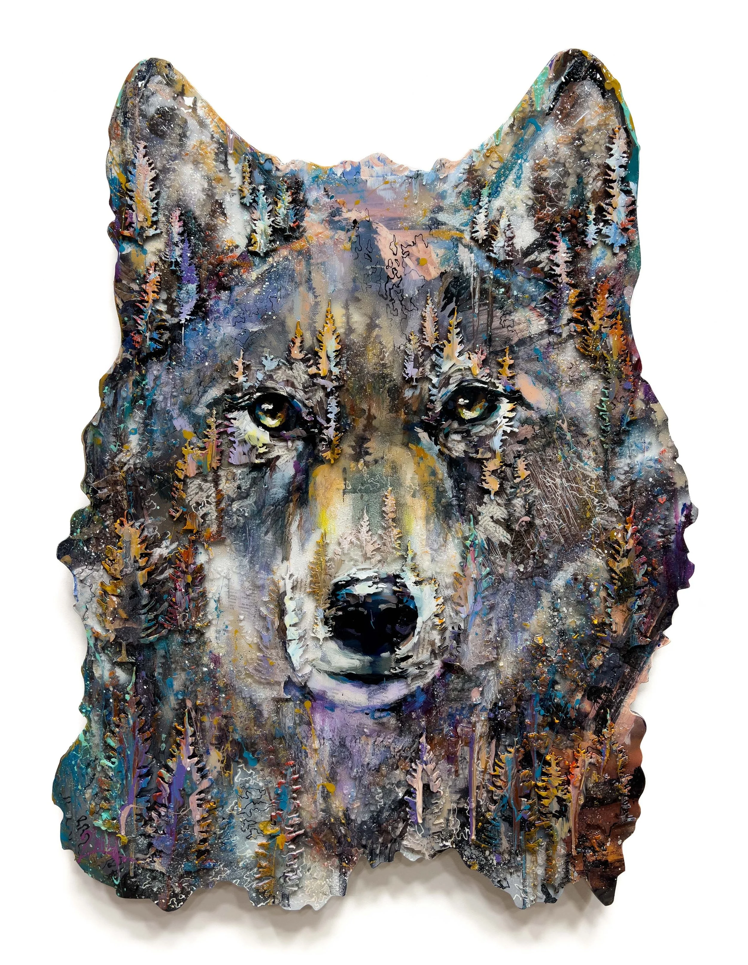 'Watching Quietly' - Acrylic, laser-cut plexiglass, shattered glass, media collage, and resin on machine cut and carved panel - 41 x 31 in