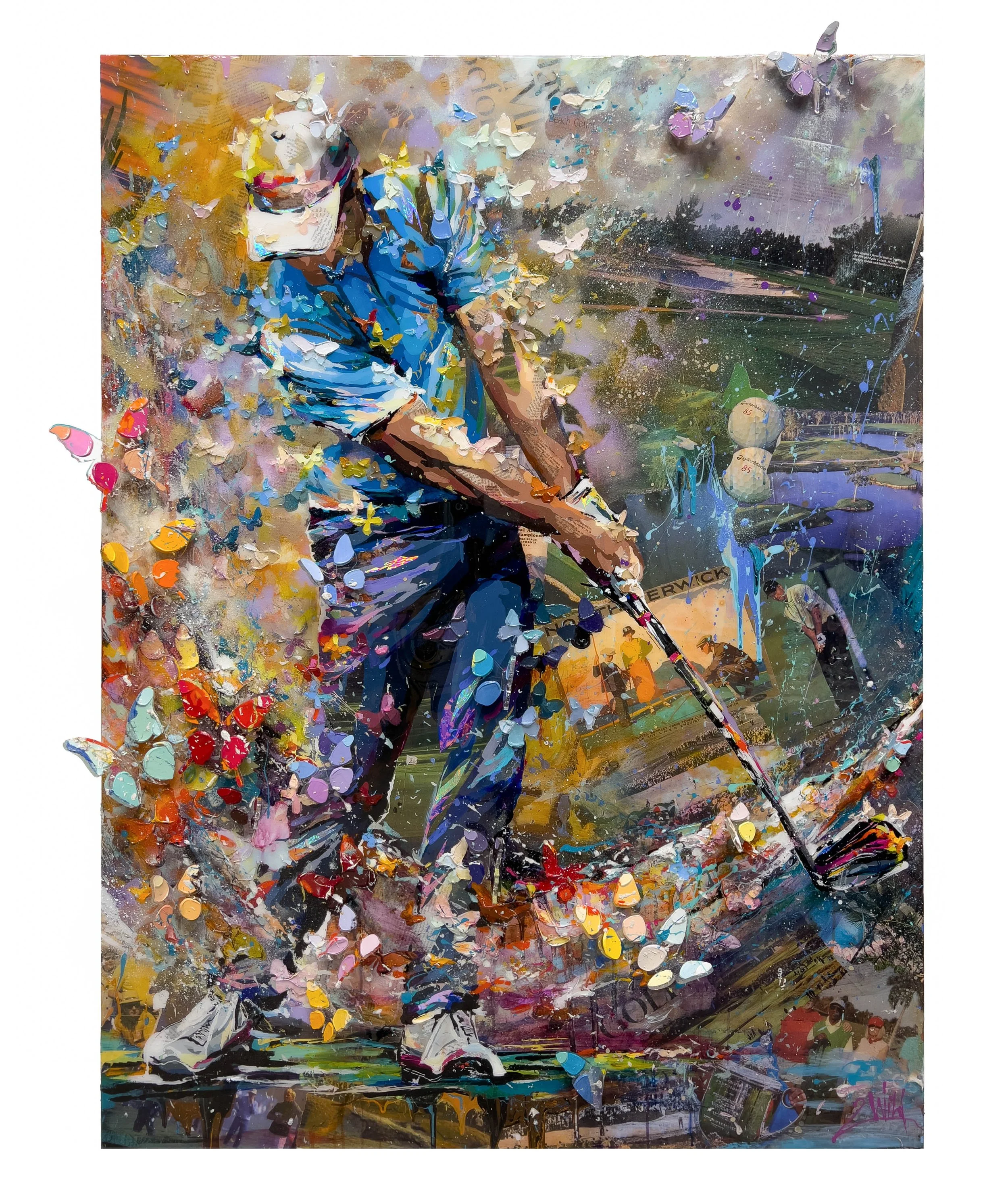 'The Final Round' - Bent plexiglass butterflies, acrylic, textural clay, media collage, and resin on panel - 48 x 36 in