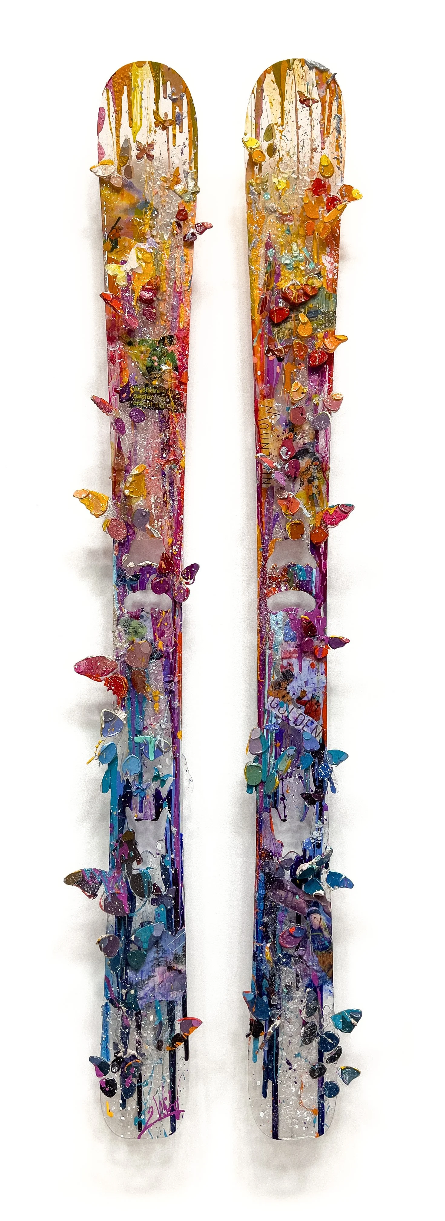 'No Hesitation' - Bent plexiglass butterflies, shattered glass, media collage, acrylic and resin on laser-cut plexiglass - 59 x 17 in