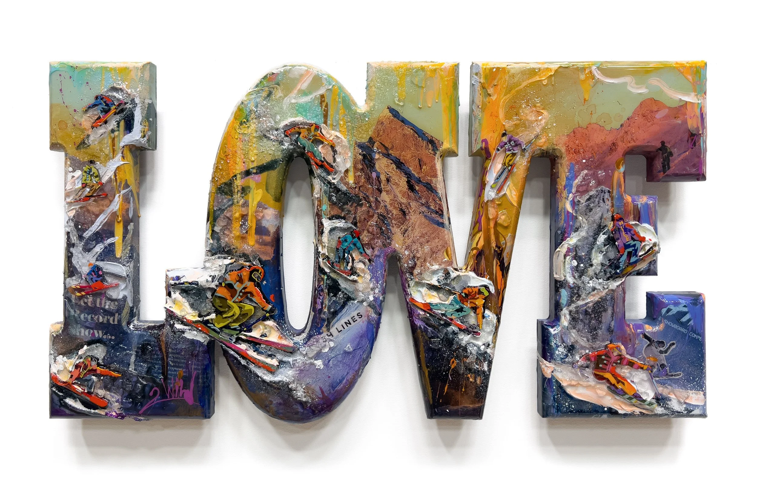 'Sunlit Alpine' - Laser-cut plexiglass, shattered glass, textural clay, media collage, acrylic and resin on machine-carved wood - 14 x 25.25 in