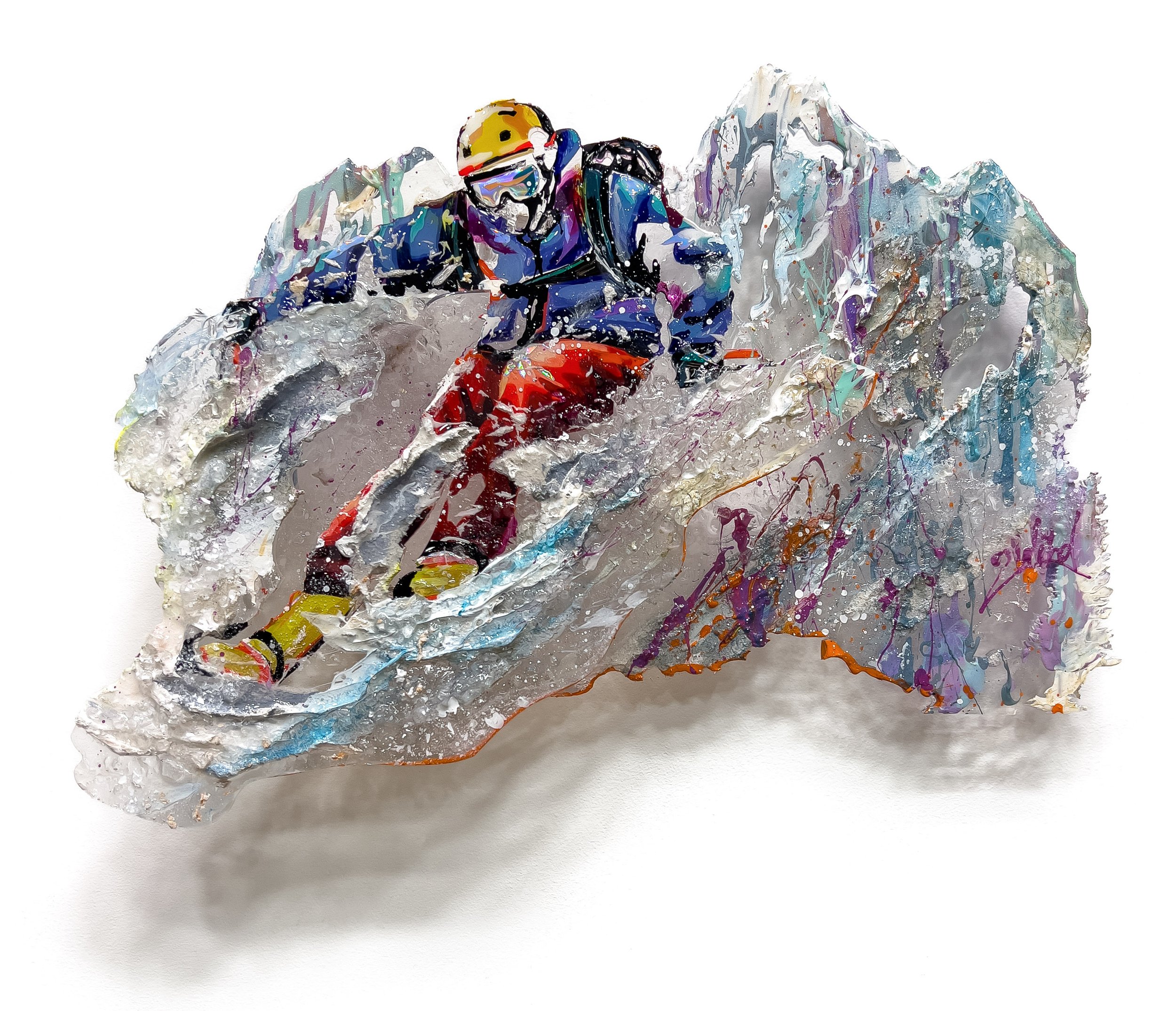 'Alpine Thrill' - Acrylic, textural clay, shattered glass, diamond dust and resin on layered laser-cut plexiglass - 11.5 x 16 in