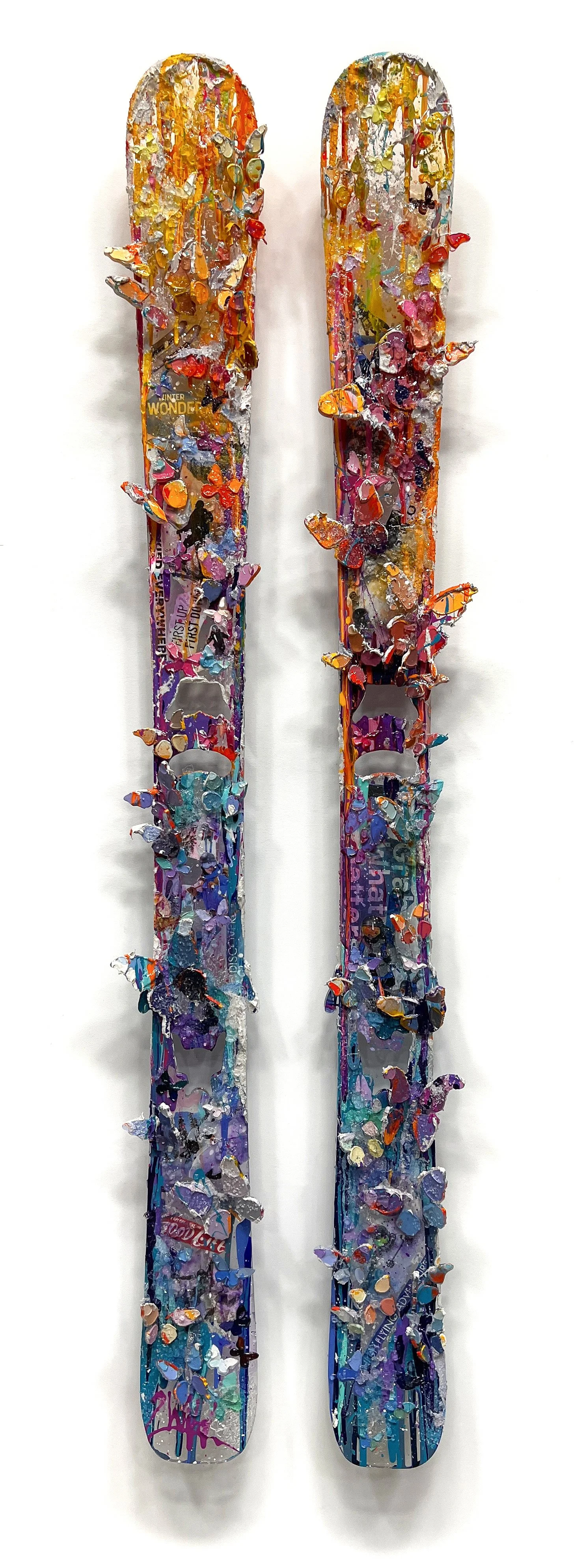 " First Up, First Down "
Bent plexiglass butterflies, shattered glass, media collage, acrylic, and resin on laser-cut plexiglass - 59 x 17