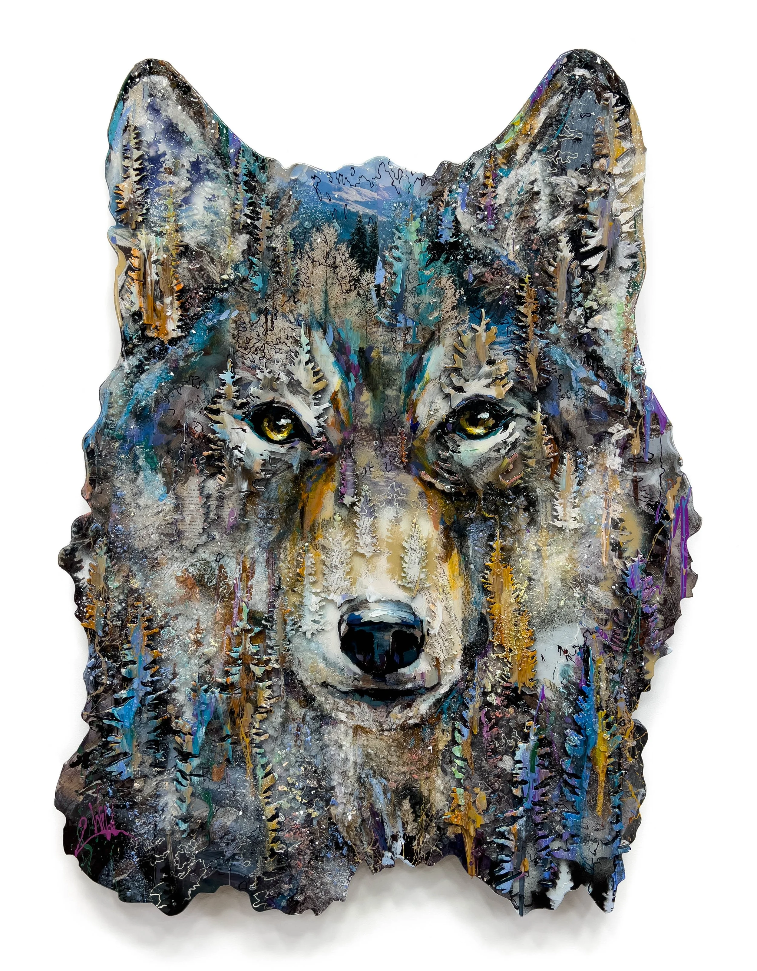 'Secret Keeper' Acrylic, laser-cut plexiglass, shattered glass, media collage and resin on machine cut and carved panel - 42 x 31 in