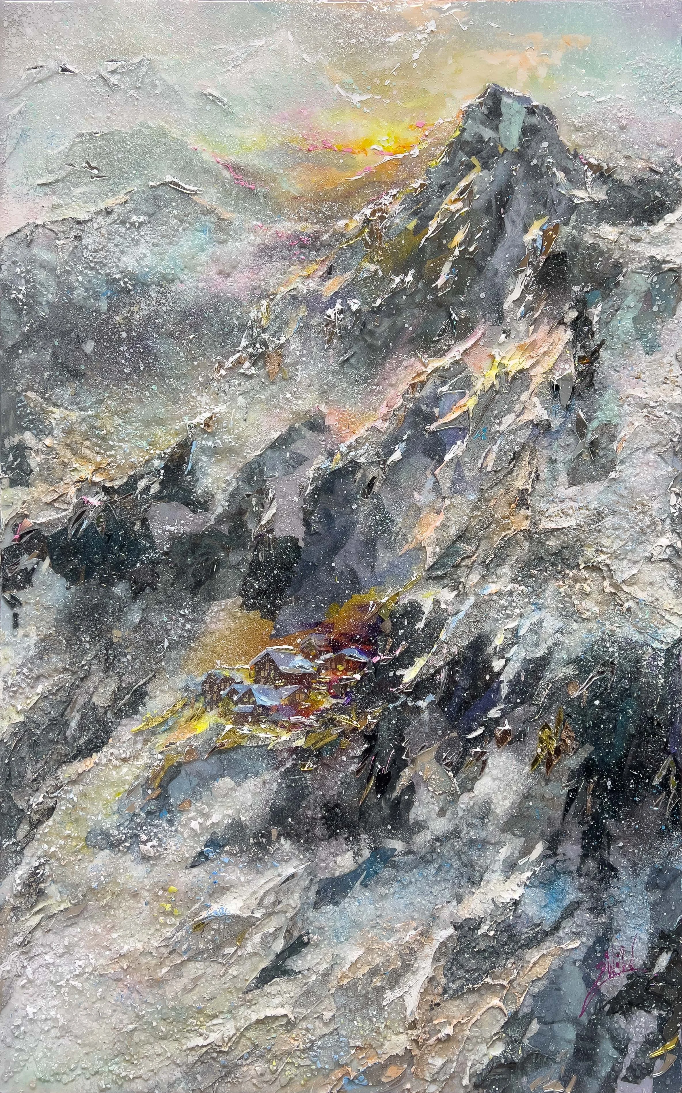 'Sublime Escape' - Acrylic painting, collage, mirror fragments, shattered glass, diamond dust, and resin on wood panel - 48 x 30 in