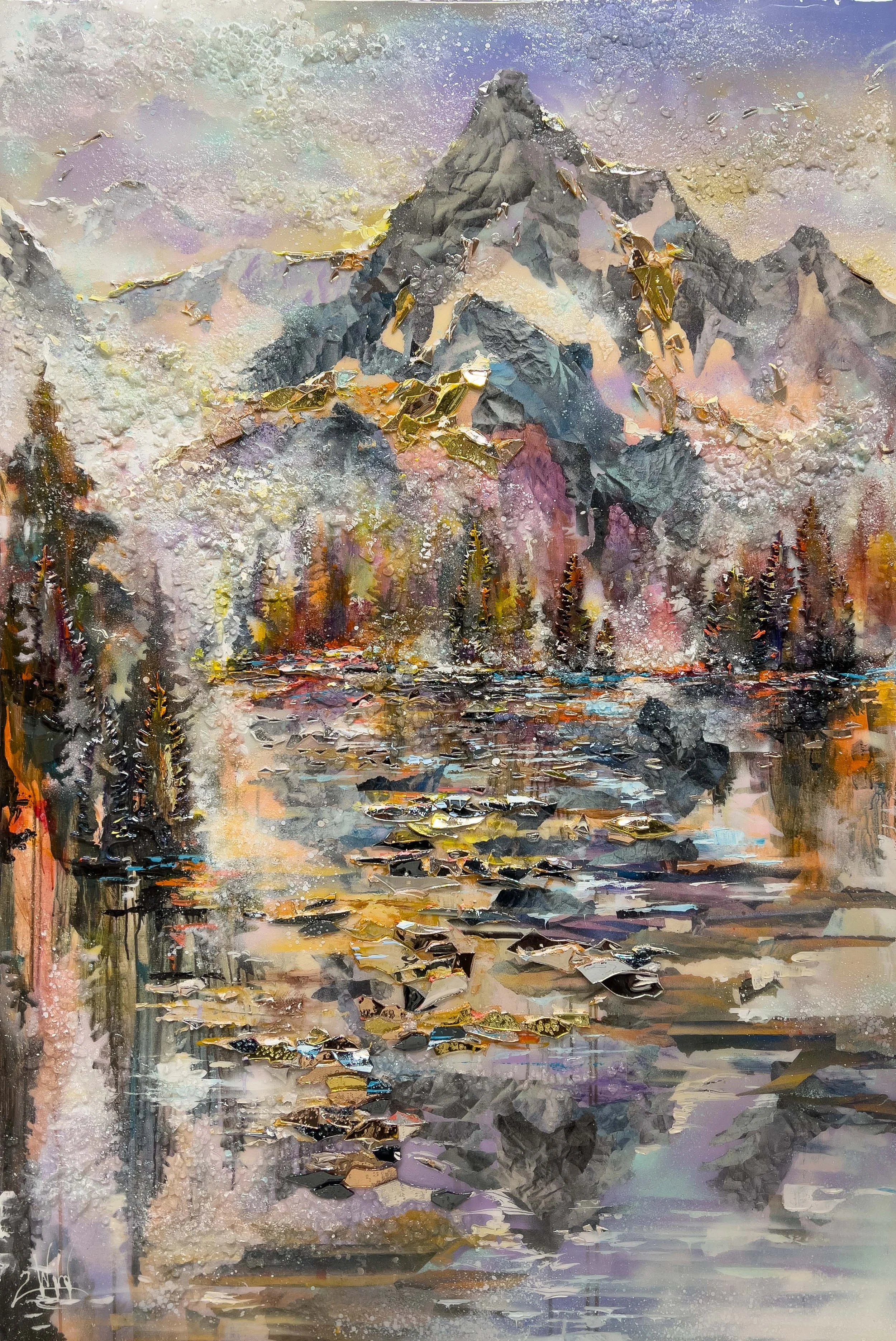 'Reflections of the Wild' - Acrylic painting, collage, mirror fragments, shattered glass, diamond dust, and resin on wood panel - 60 x 40 in