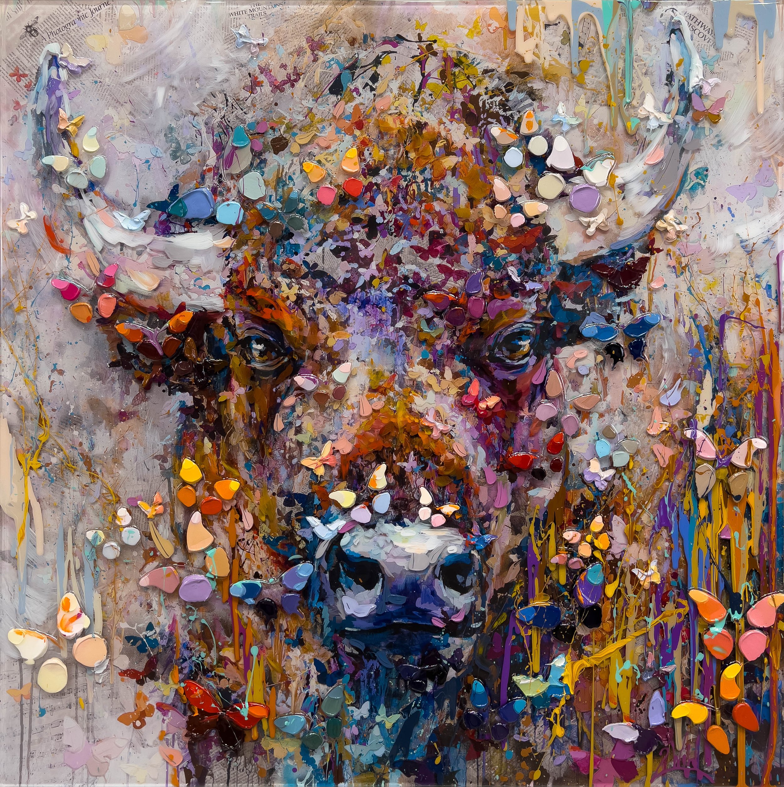 'Strength and Grace (8/49)'  - Digital print, acrylic hand embellishment, plexiglass butterflies, and resin on laser-cut plexiglass - 31.5 x 31.5 in