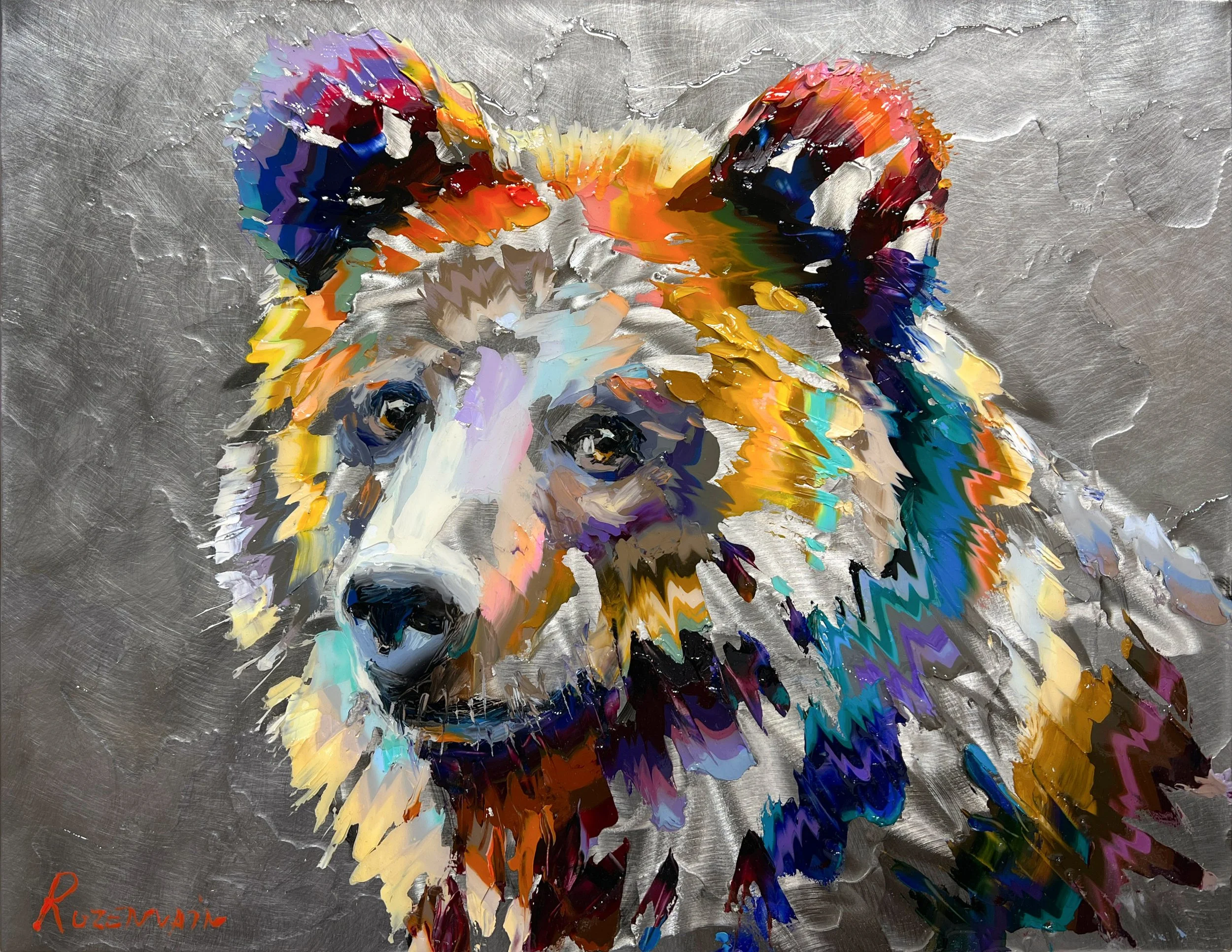 'Gentle Encounter' - Oil and resin on engraved stainless steel - 14 x 18 in