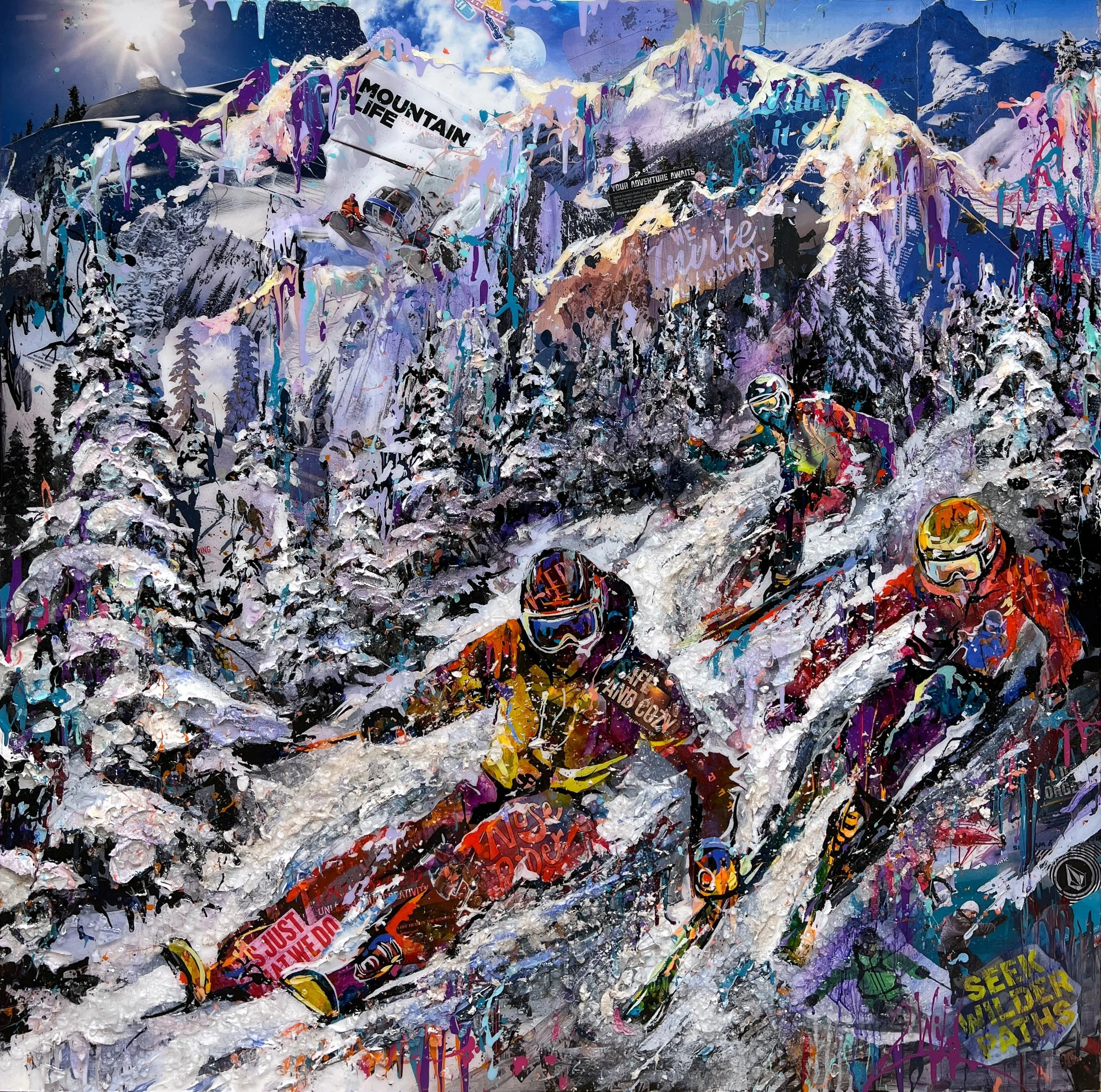 “Seek Wilder Paths“ - Acrylic, textural clay, shattered glass, media collage, and resin on panel - 30 x 60 in