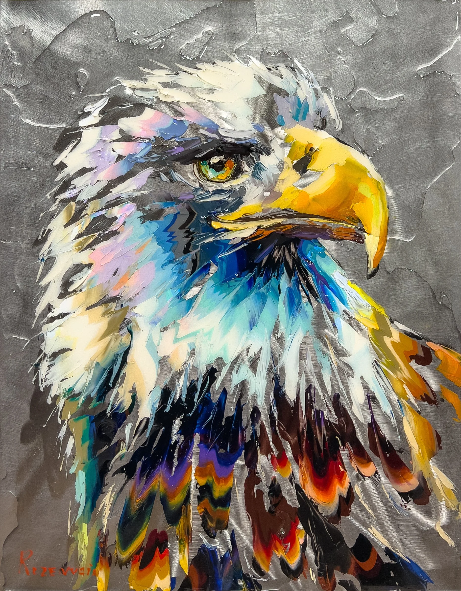 'Keeper of the Peaks' - Oil and resin on engraved stainless steel - 18 x 14 in