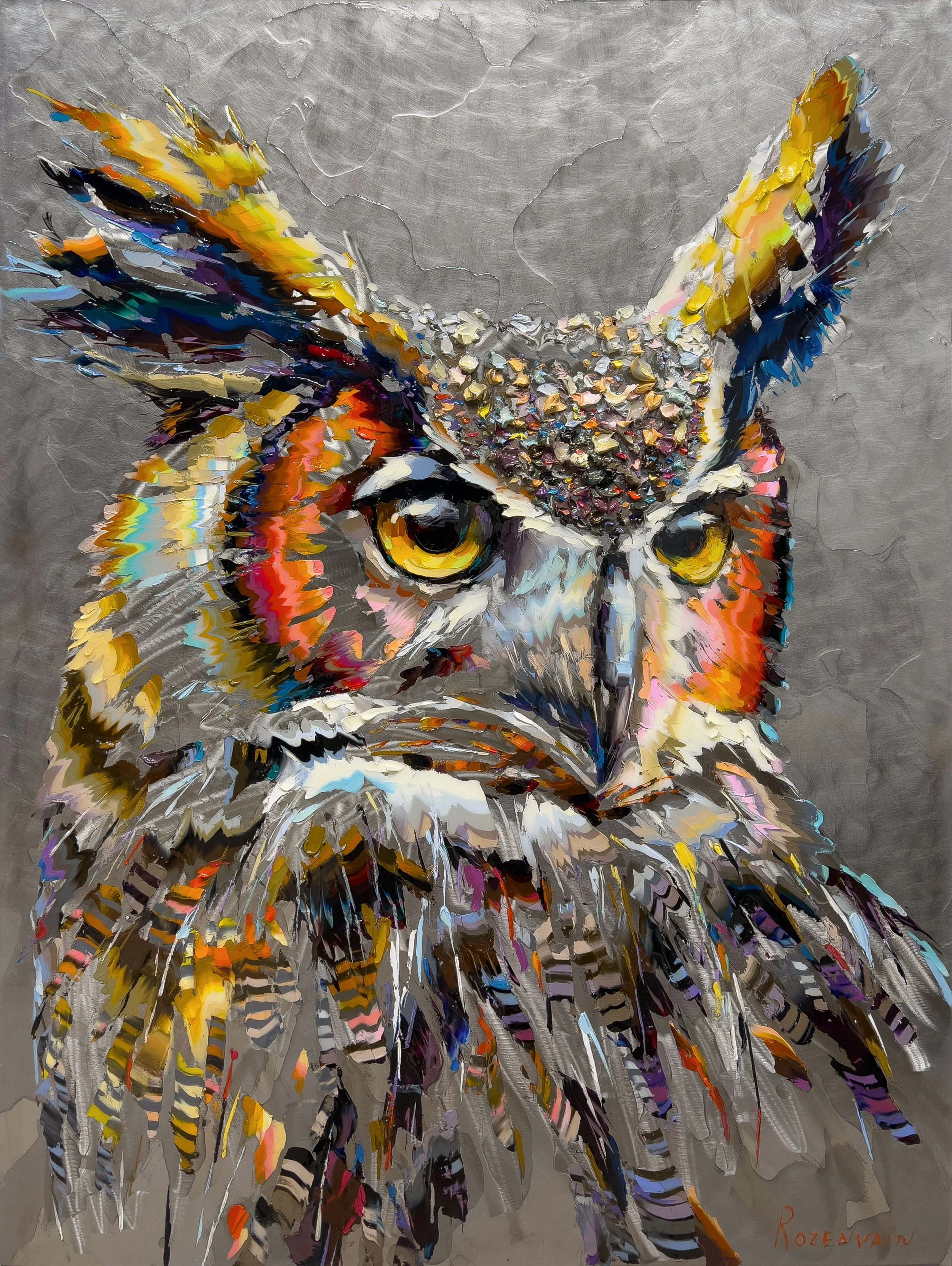 'Behind Wise Eyes' - Oil and resin on engraved stainless steel - 48 x 36 in