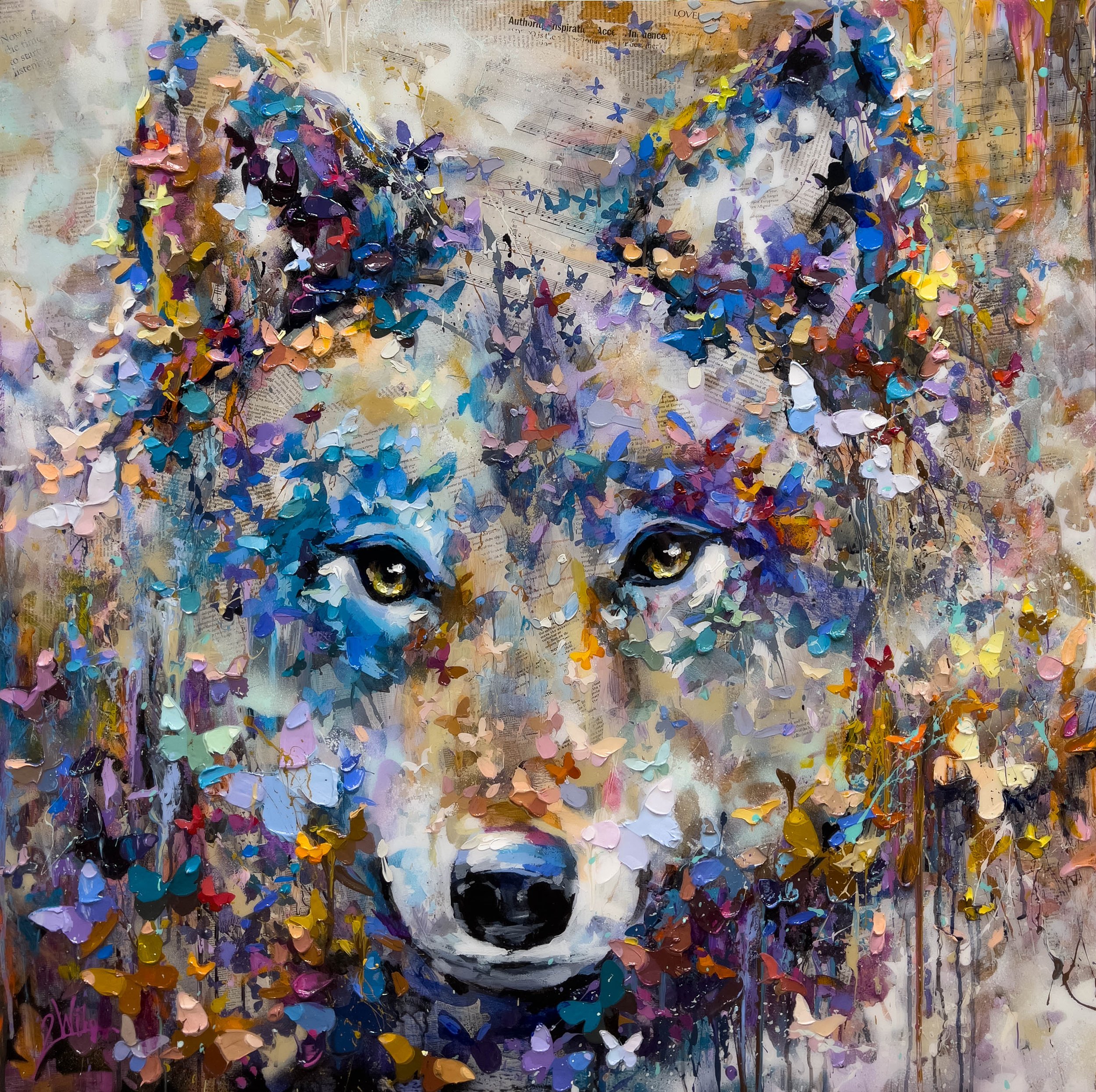 'Where the Pack Leads' - Acrylic, media collage, and resin on panel - 40 x 40 in